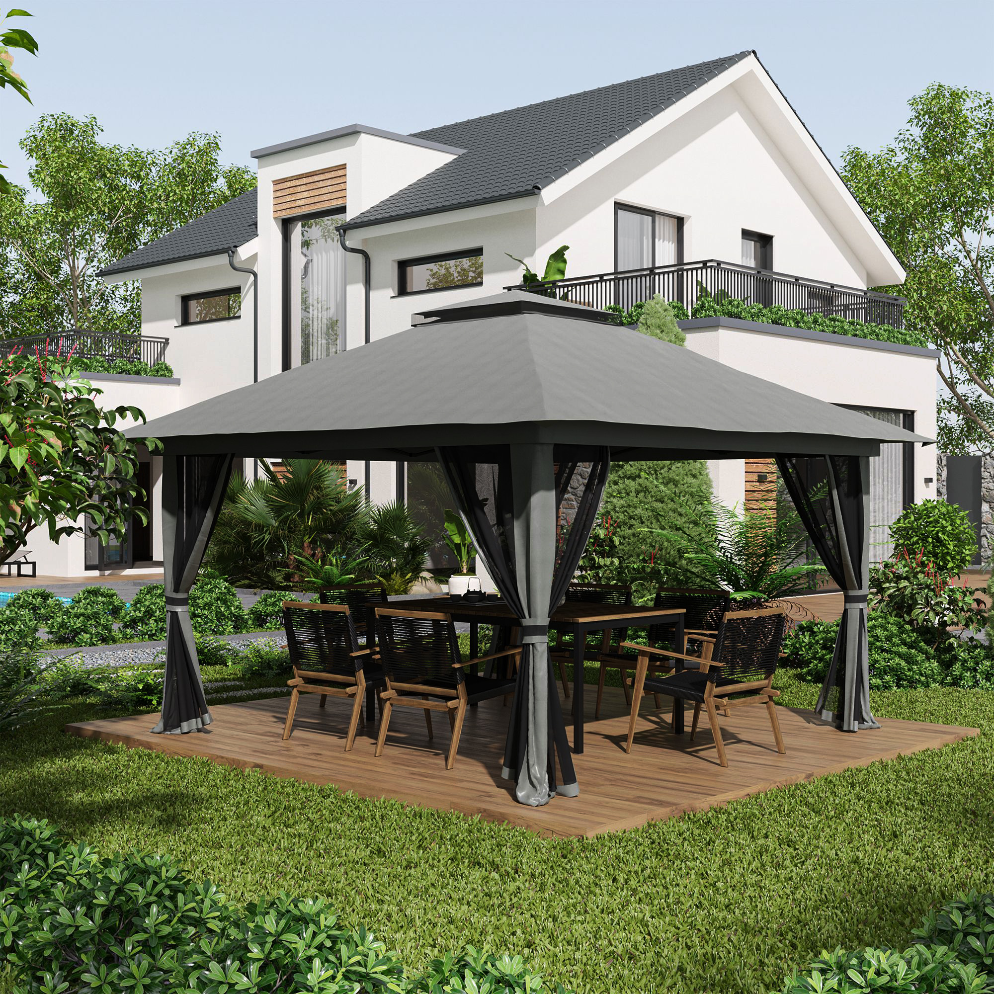 Ein grauer Pavillon mit Tisch und Stühlen auf einem Holzdeck. Im Hintergrund ein weißes Haus.