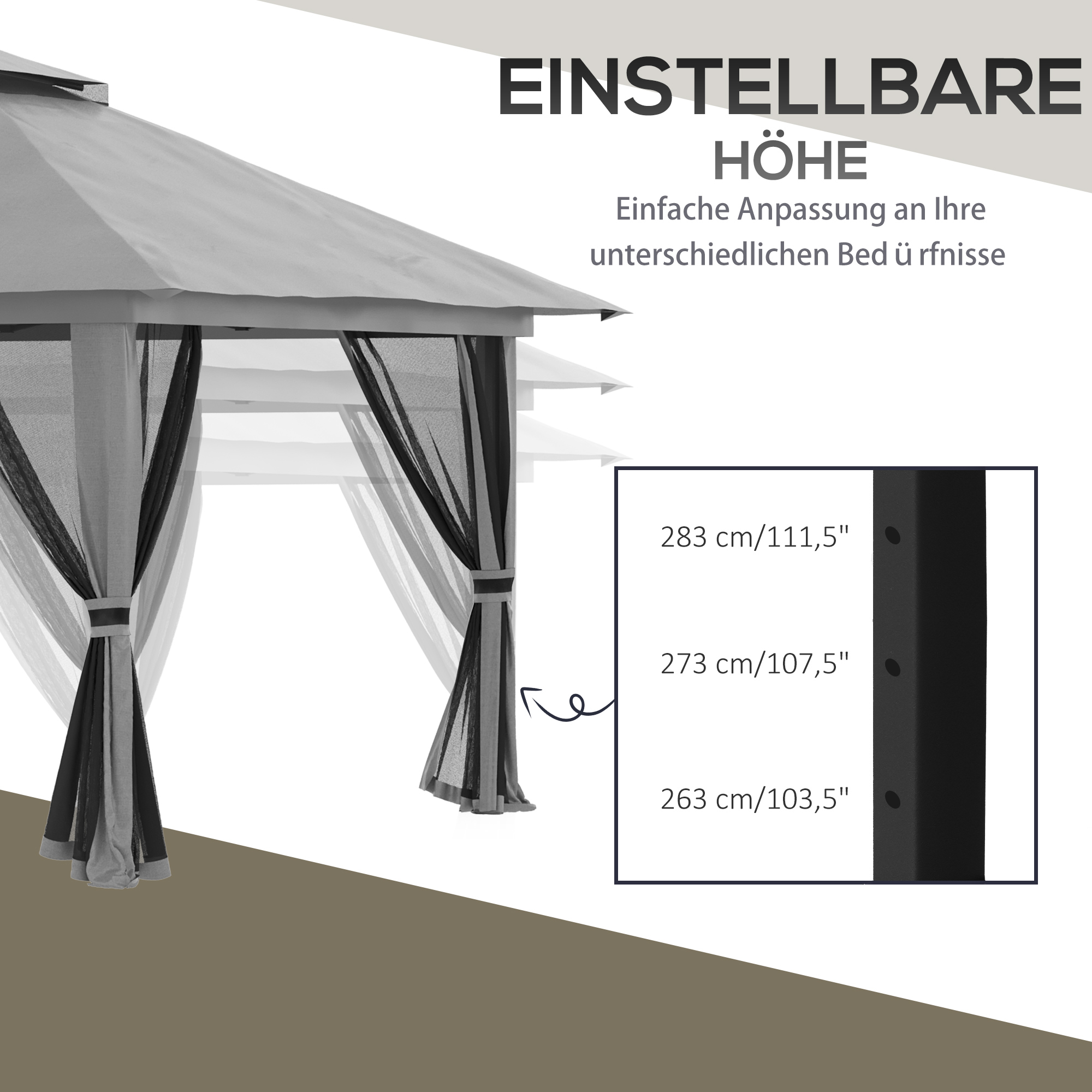 Ein Pavillon mit verstellbarer Höhe. Die Höheneinstellung wird mit Messungen und Details gezeigt.