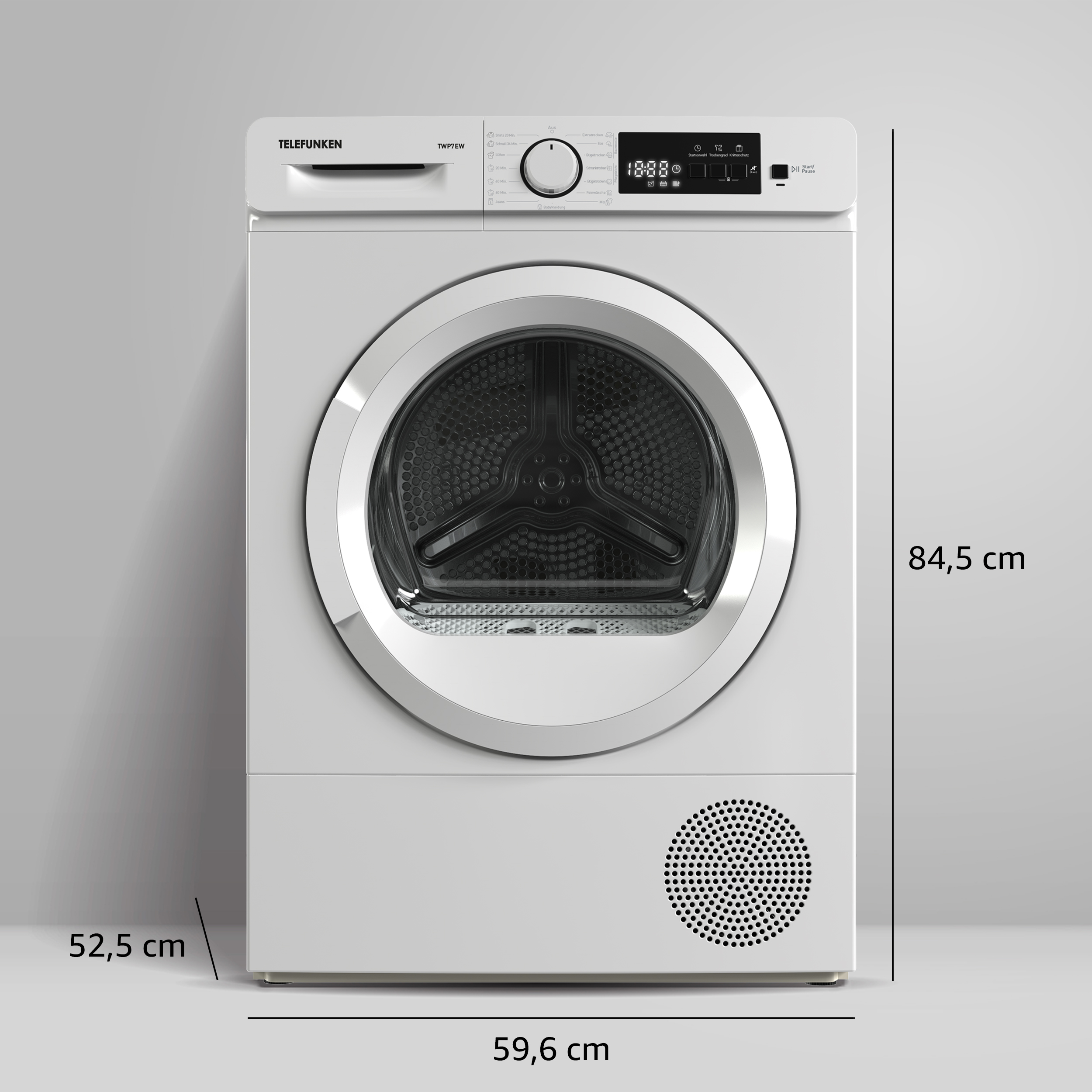 Ein weißer Trockner mit angegebenen Abmessungen: 52,5 cm, 59,6 cm und 84,5 cm.