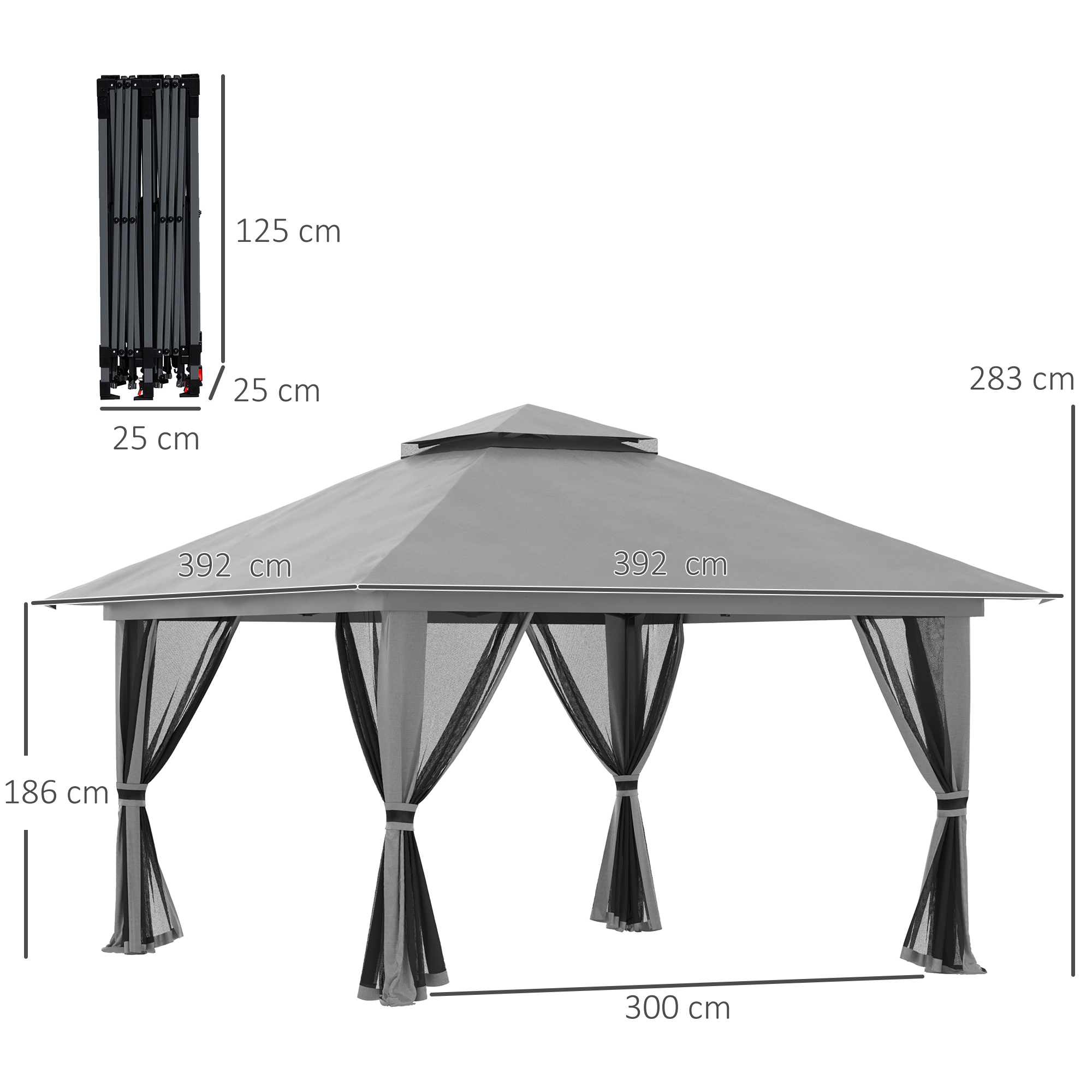 Ein grauer Pavillon mit Maßen, der Abmessungen für Höhe und Breite zeigt.