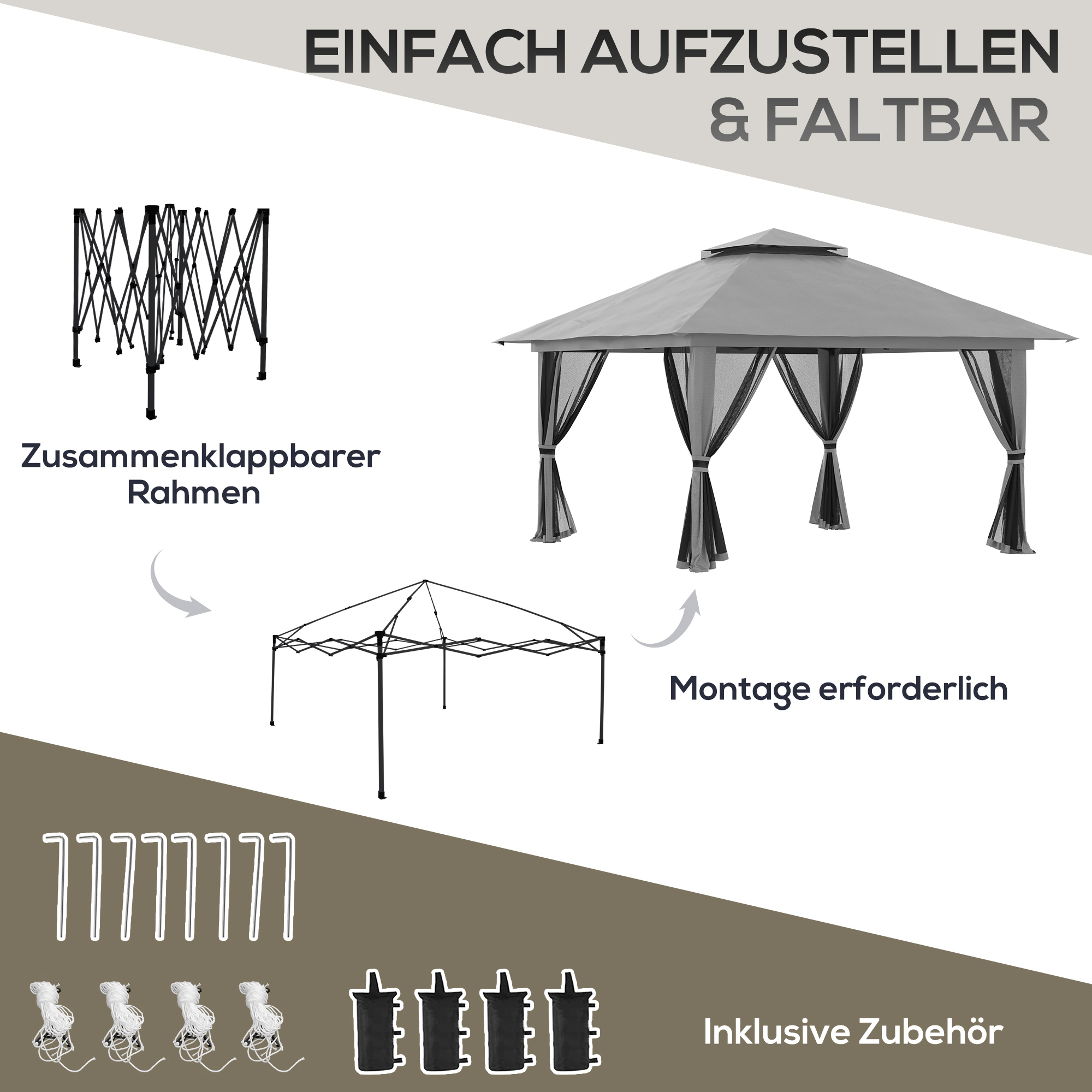 Ein grauer Pavillon, dessen Komponenten gezeigt werden. Der Rahmen und das Zubehör werden angezeigt.