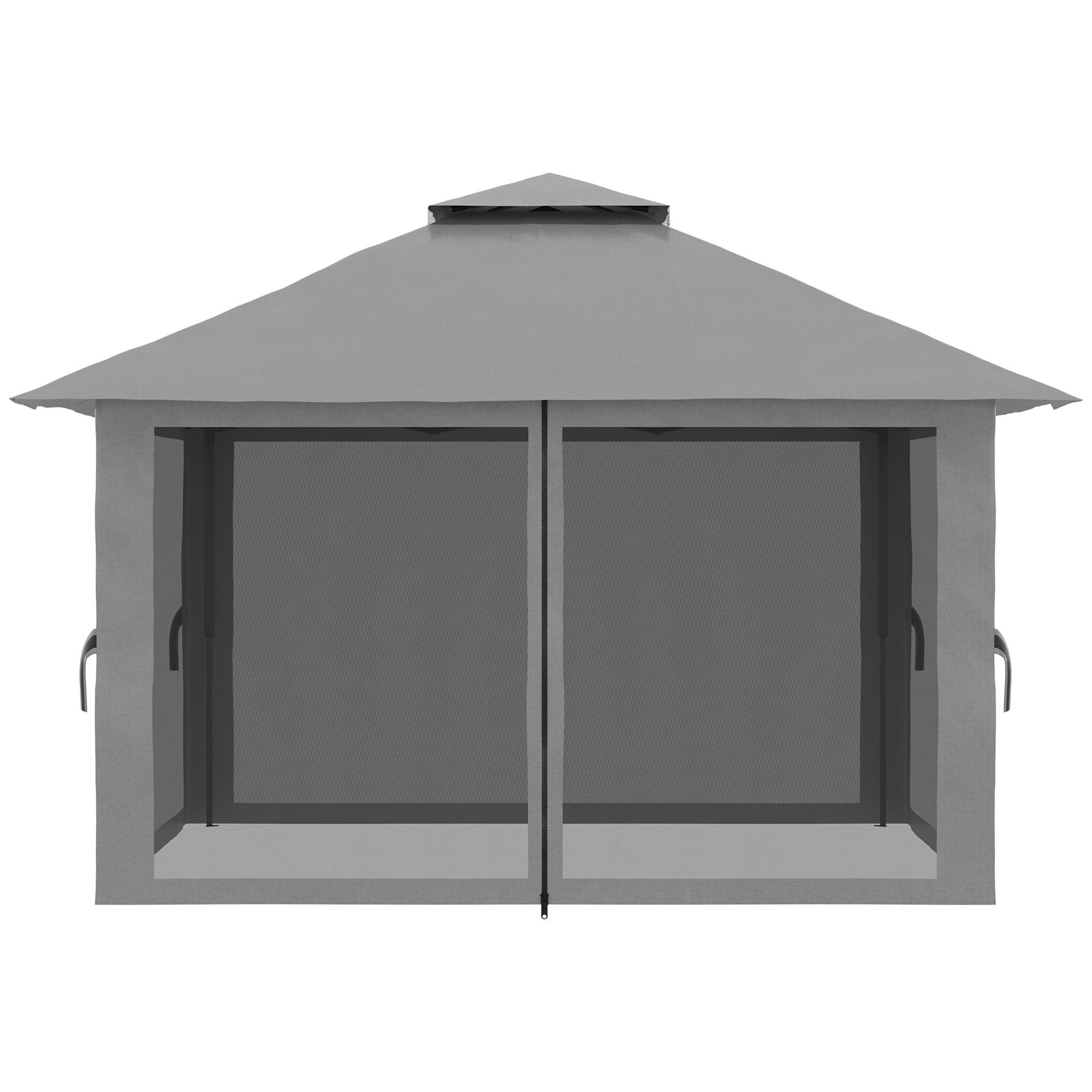 Grauer Pavillon mit geschlossenen Türen. Das Dach ist grau, hat eine spitze Spitze.