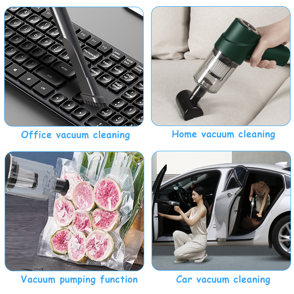 Vier Bilder: Büro-Staubsaugen, Haus-Staubsaugen, Vakuum-Pumpen, Auto-Staubsaugen.