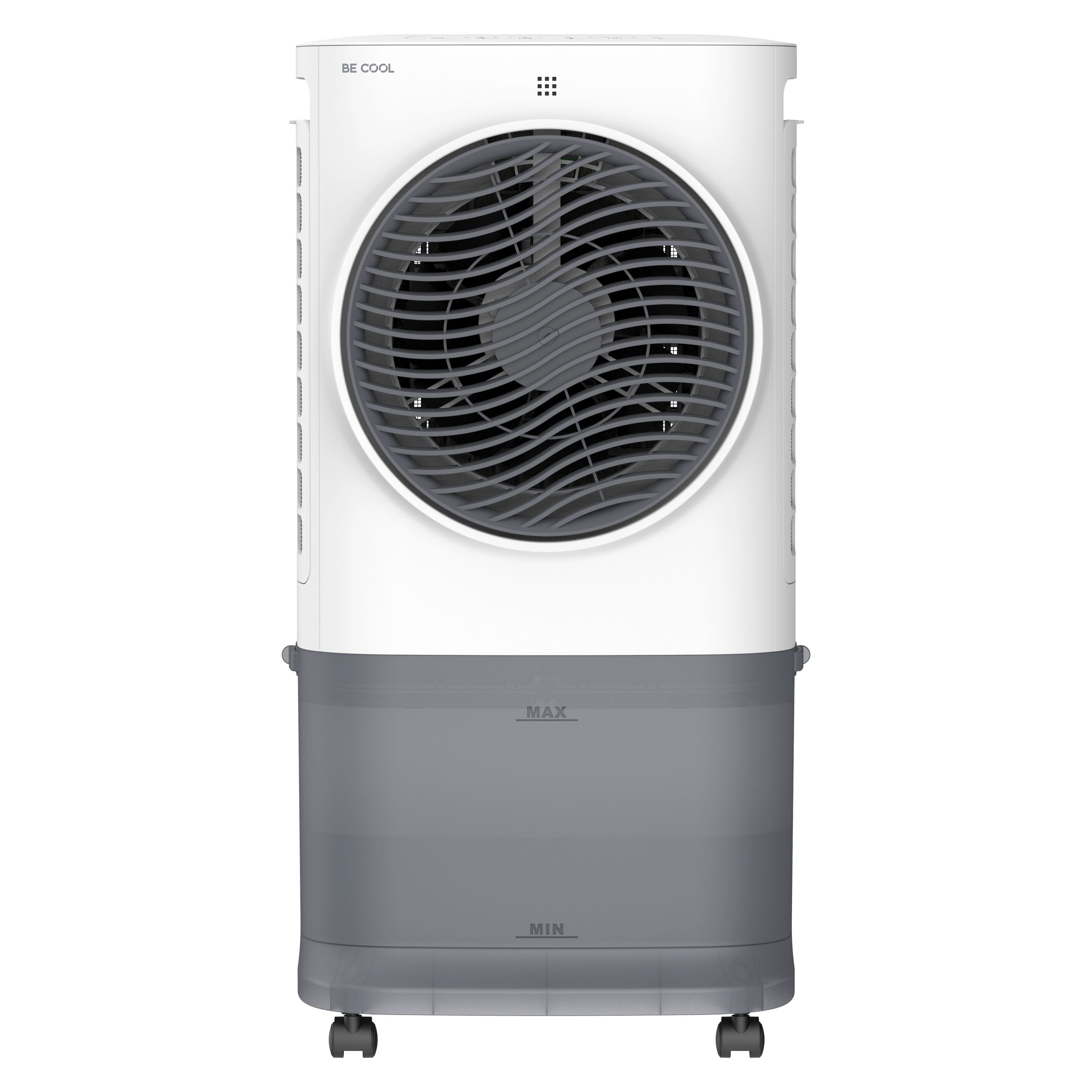 Weiß-grauer Luftkühler mit Ventilator. Grauer Wasserbehälter unten.