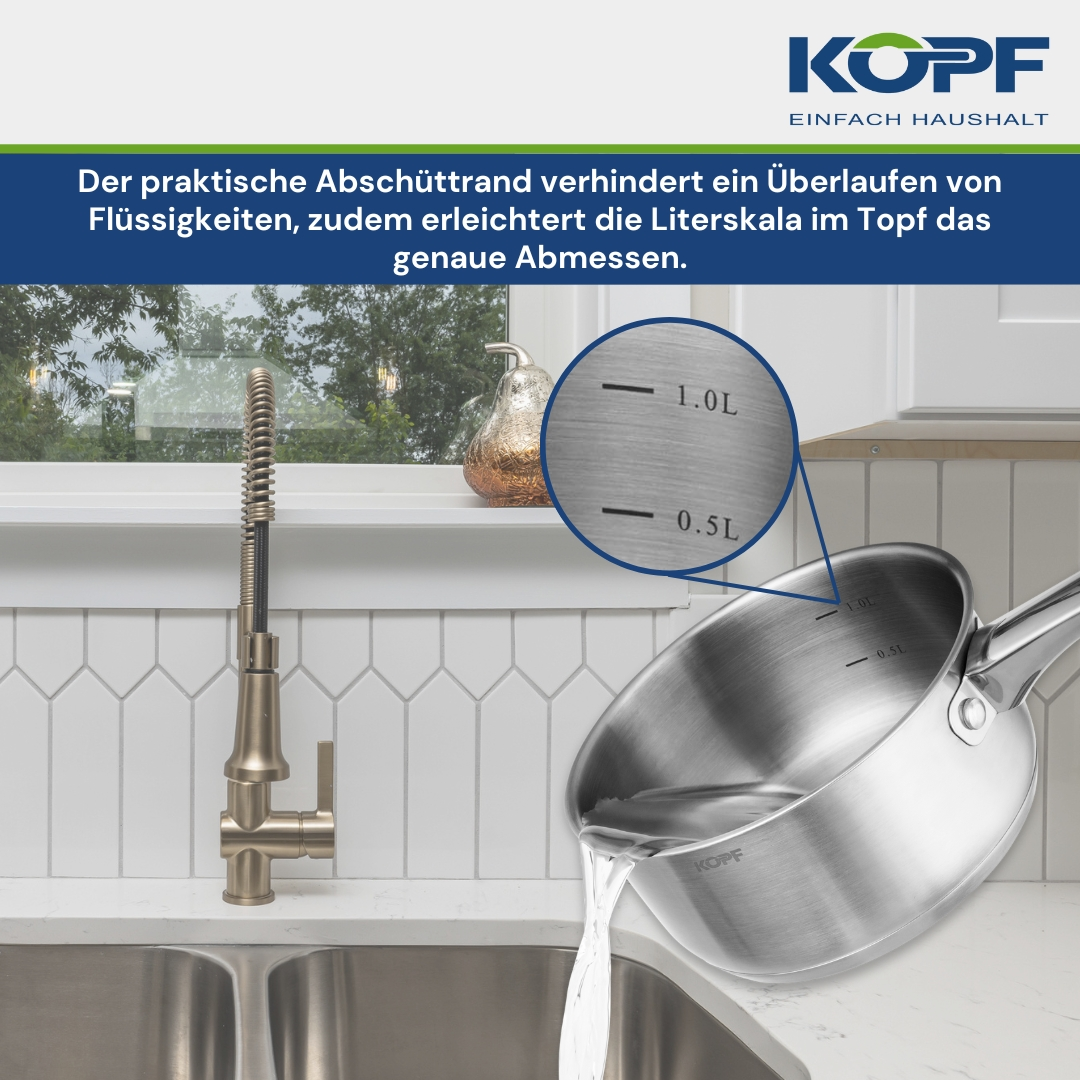 Edelstahltopf gießt Wasser, mit Messungen, in der Nähe eines Wasserhahns und Fensters.
