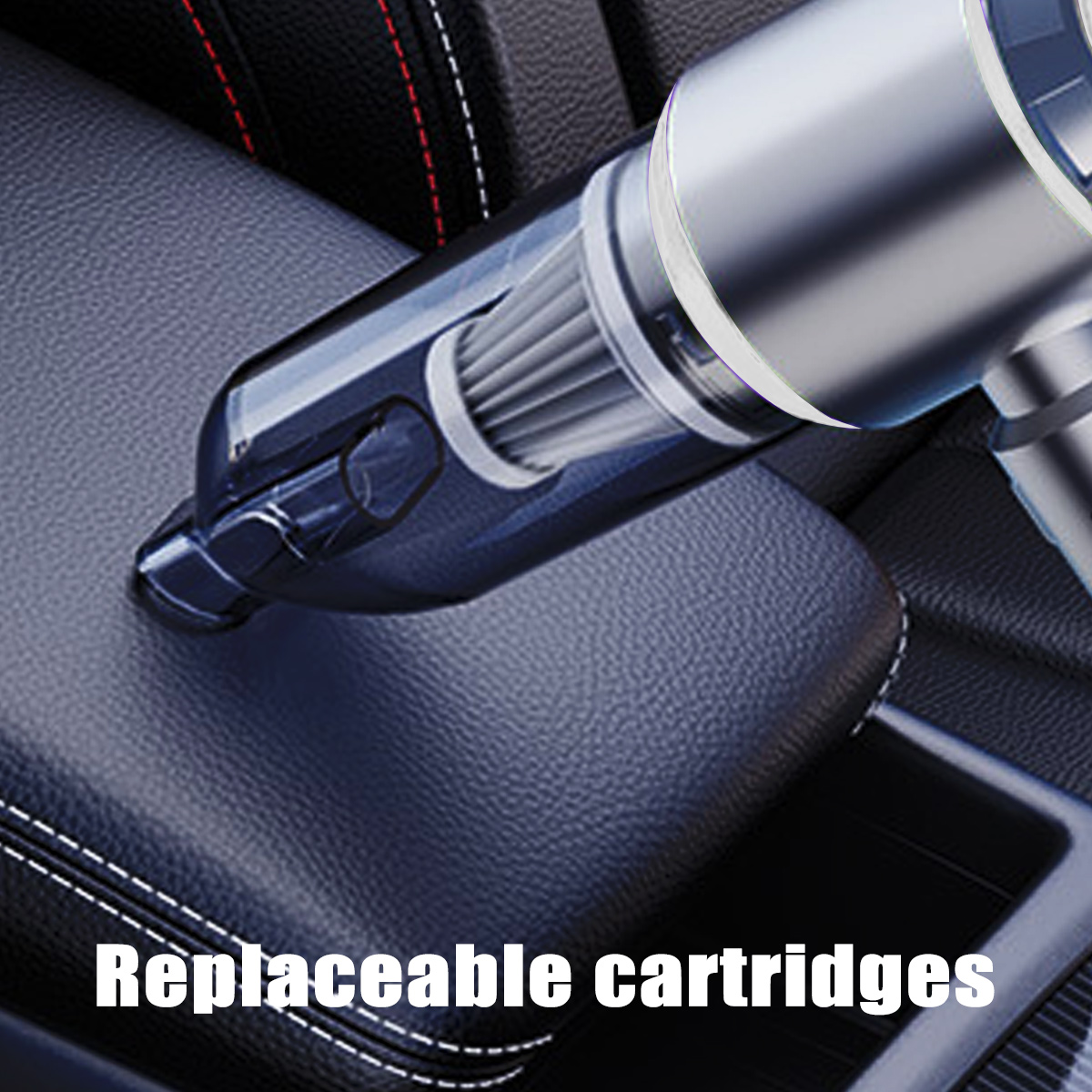 Staubsaugerkopf über einem schwarzen Autositz. Der Kopf ist transparent. Der Text sagt austauschbare Patronen.