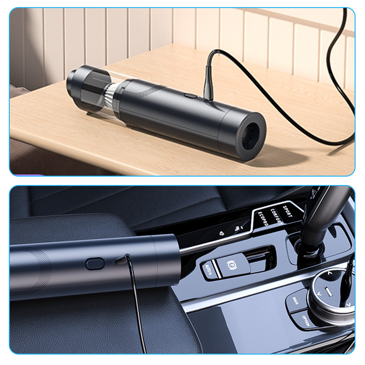 Zwei Bilder eines schwarzen Autostaubsaugers. Eines auf einem Tisch und eines im Auto.