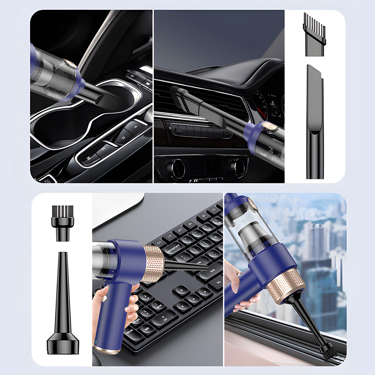 Ein Staubsauger und seine Aufsätze. Die Szene zeigt die Verwendung auf einer Tastatur und einem Auto.