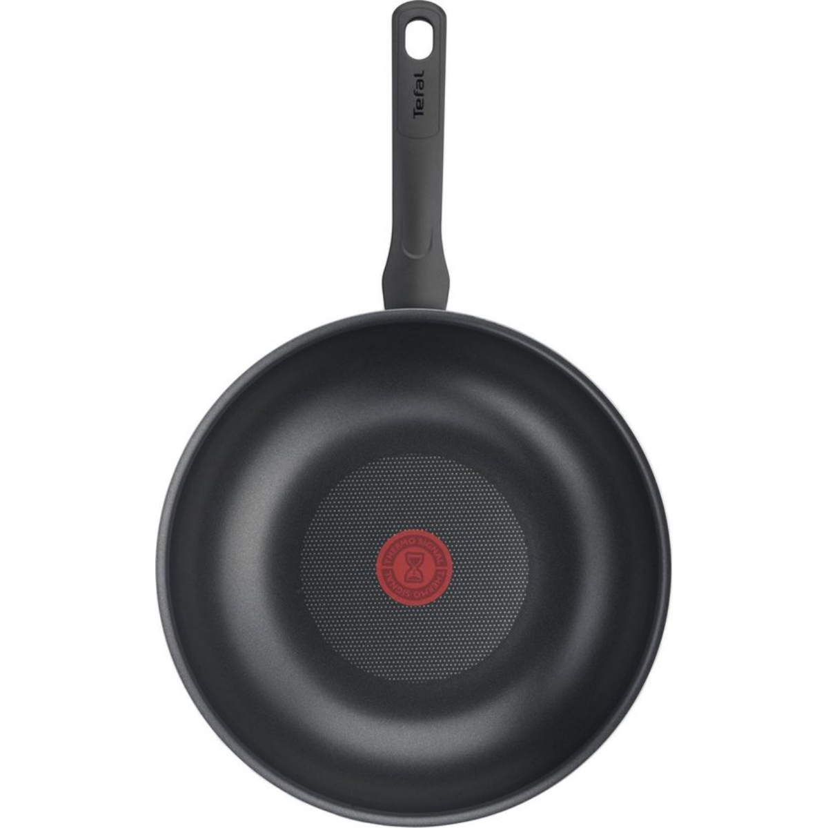 Zwarte koekenpan, bovenaanzicht, met Tefal-logo.