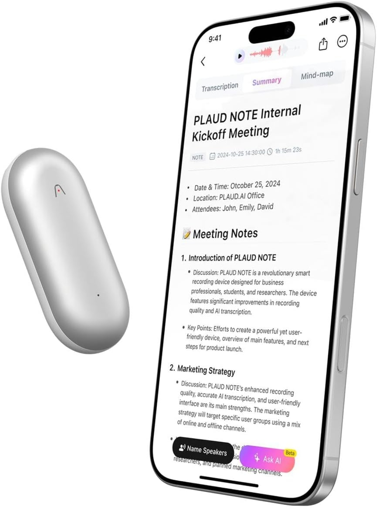 Białe urządzenie nagrywające i telefon wyświetlający notatki ze spotkania.