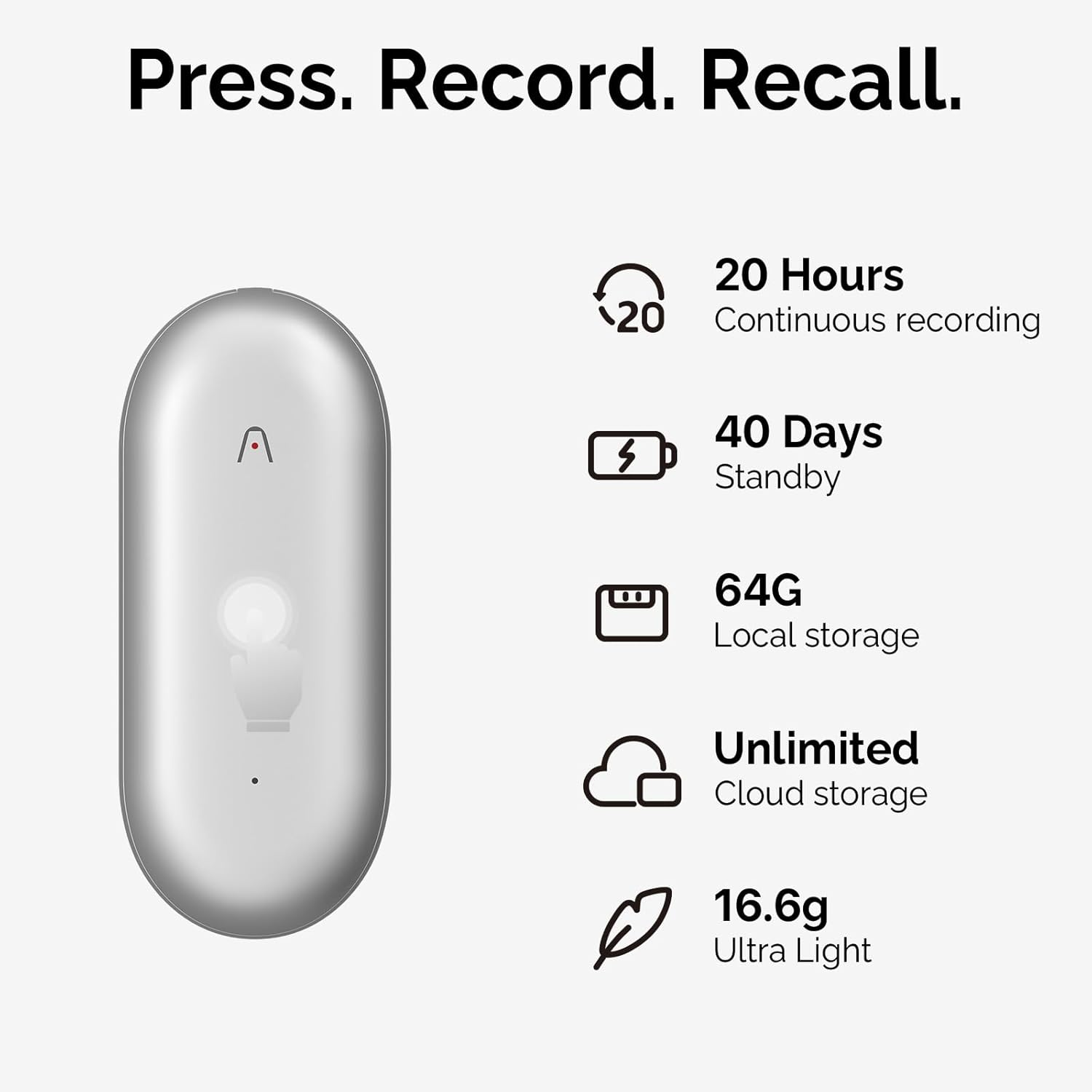 Białe urządzenie nagrywające z 20 godzinami nagrywania, 40 dniami czuwania, 64G pamięci, nieograniczoną pamięcią w chmurze.