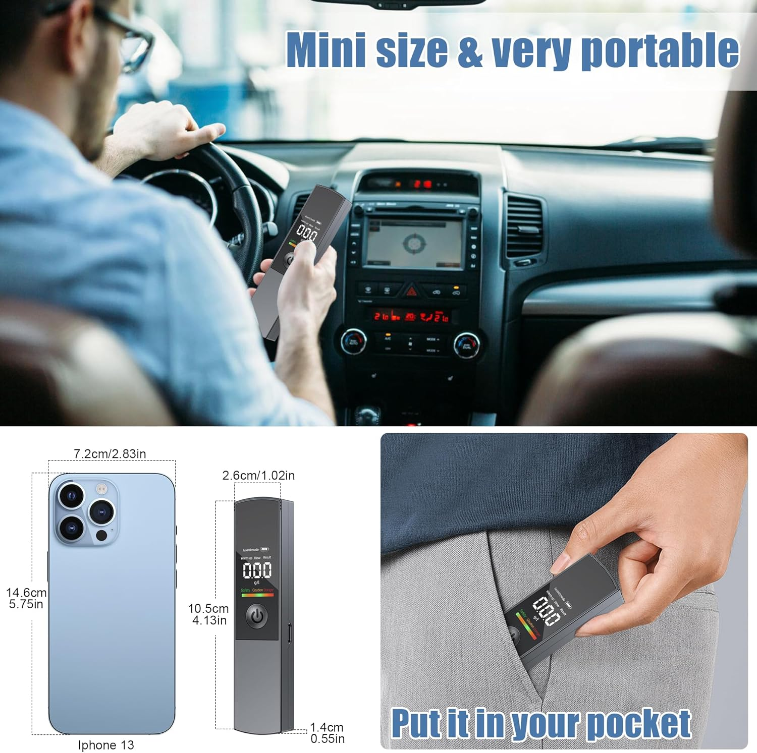 Mann im Auto benutzt Gerät, Produktdetails neben Telefon und Taschenplatzierung.