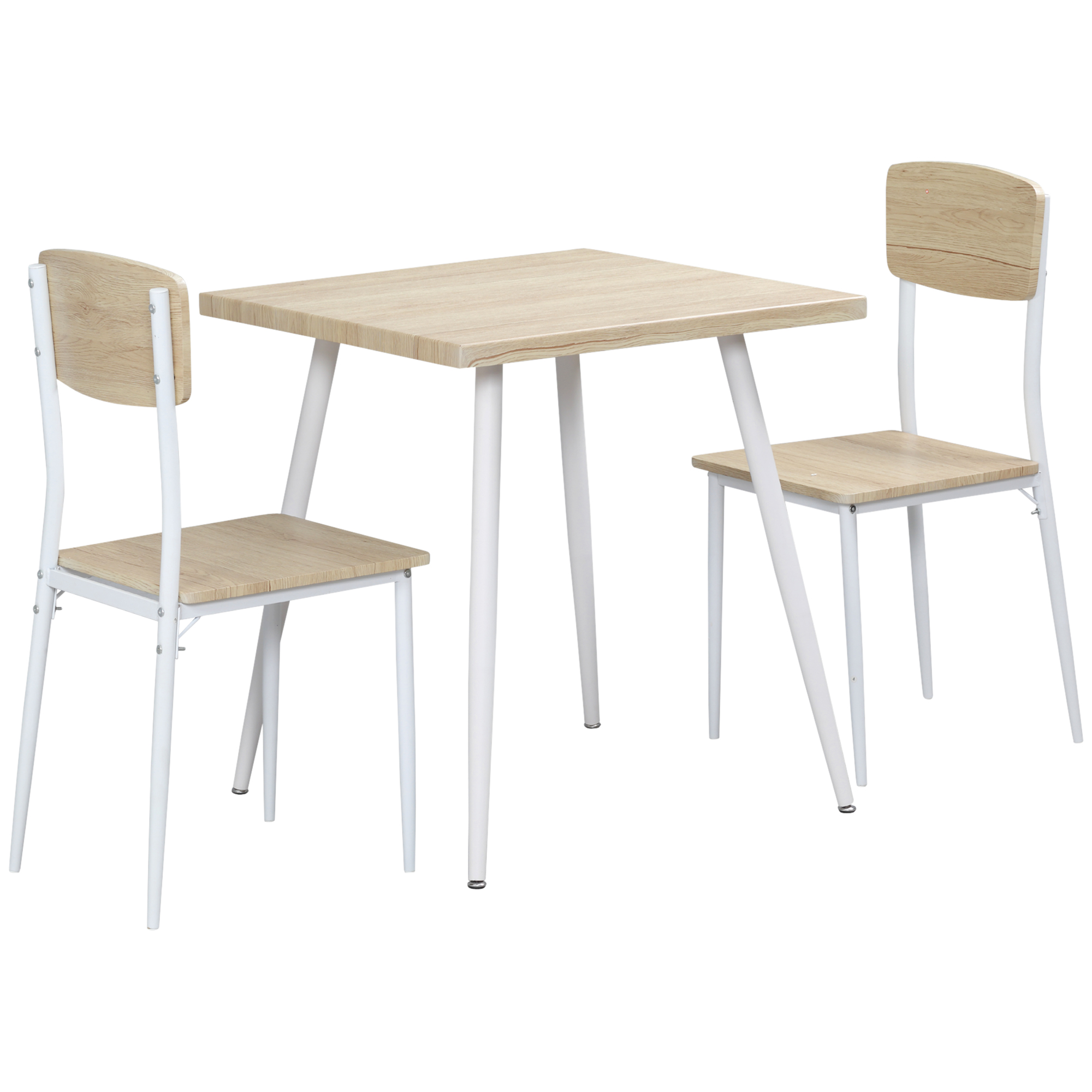 Essgruppe: Quadratischer Tisch, zwei Stühle. Tisch und Stühle sind helles Holz und weiße Beine.