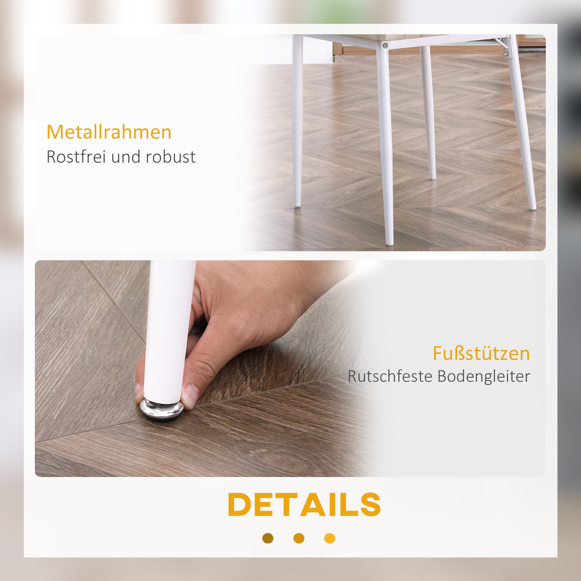 Details eines weißen Tisches: Metallrahmen, rostfrei, robust und Fußstützen mit rutschfesten Gleitern.