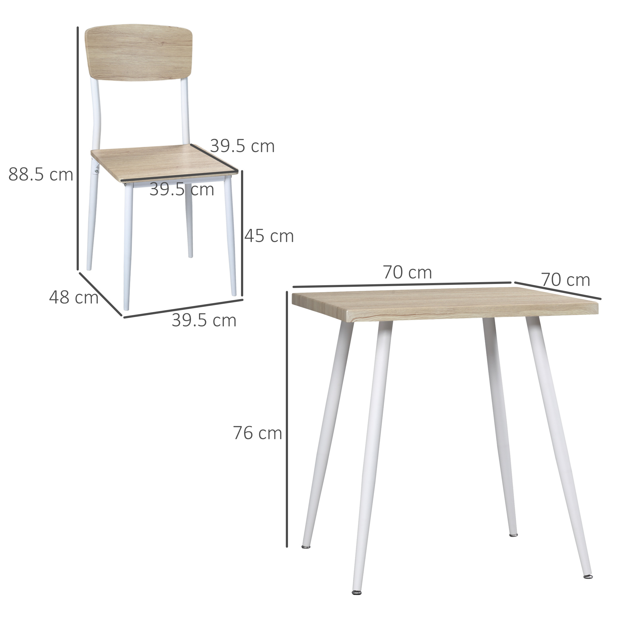 Essgruppe mit Stuhl und Tisch. Abmessungen in cm. Weiße Beine, Holz und weißer Stuhl.