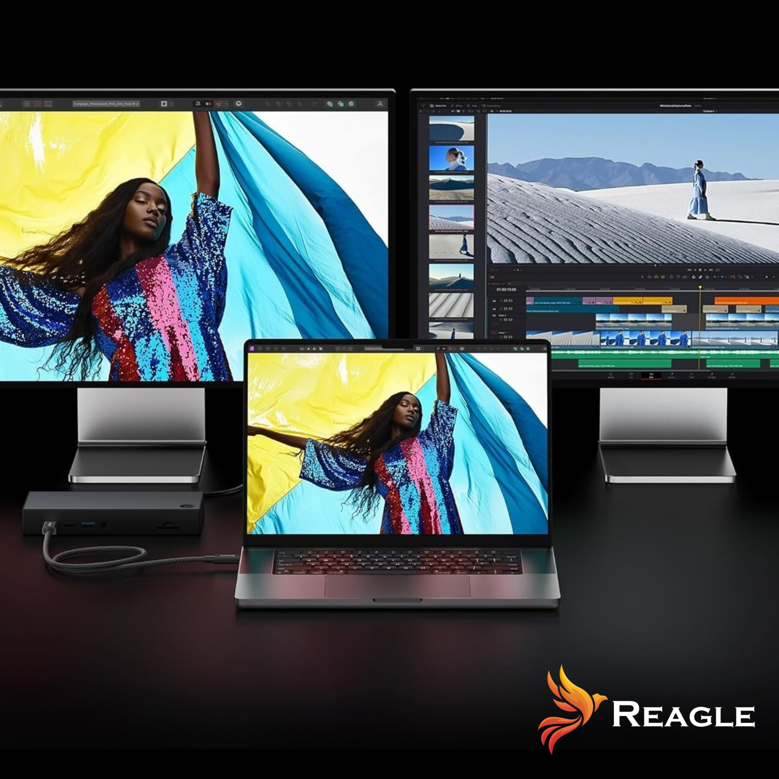 Wiele ekranów komputera i laptop. Kobieta pozuje przed ekranem.