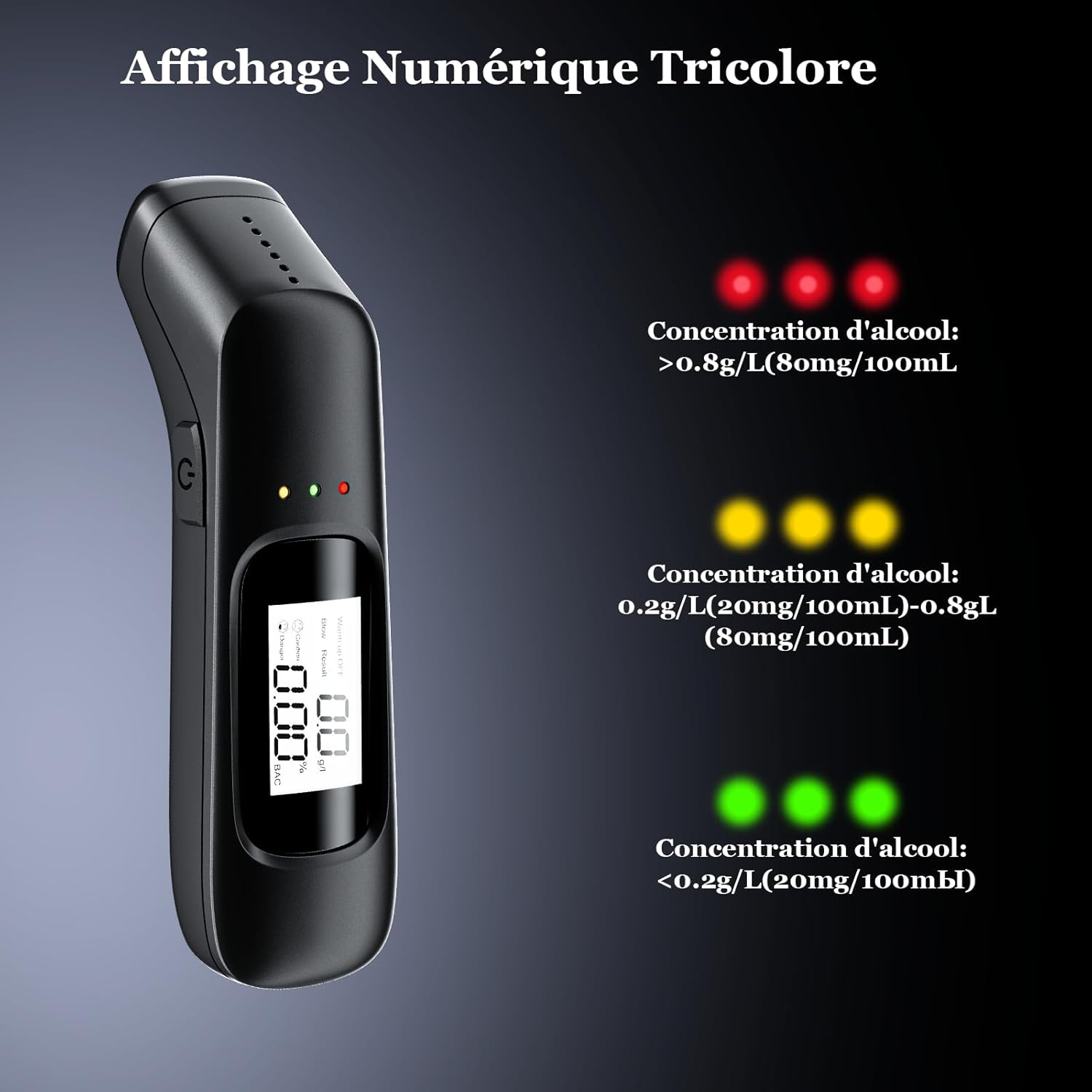 Schwarzer Alkoholtester mit Digitalanzeige, die Alkoholkonzentrationen mit roten, gelben und grünen Lichtern zeigt.