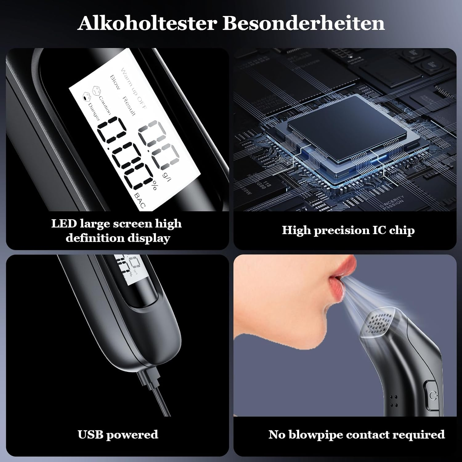 Nahaufnahme der Alkoholtester-Funktionen. Zeigt Display, hochpräzisen Chip, USB-Anschluss und Blasrohrkontakt.