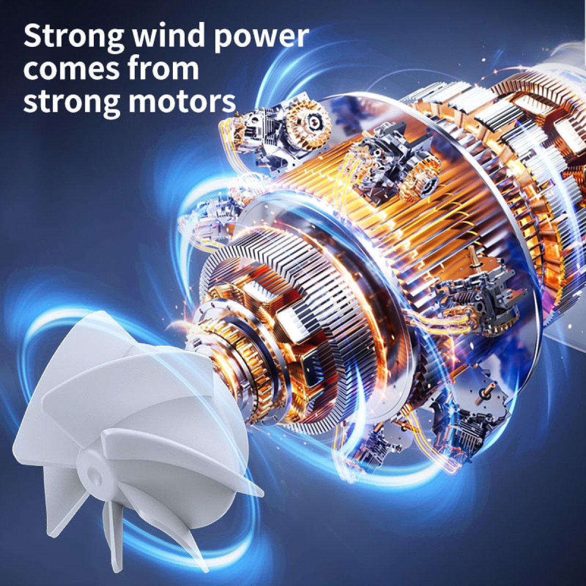 Een afbeelding van een ventilator met gedetailleerde interne componenten en tekst die luidt: "Sterke windkracht komt van sterke motoren".