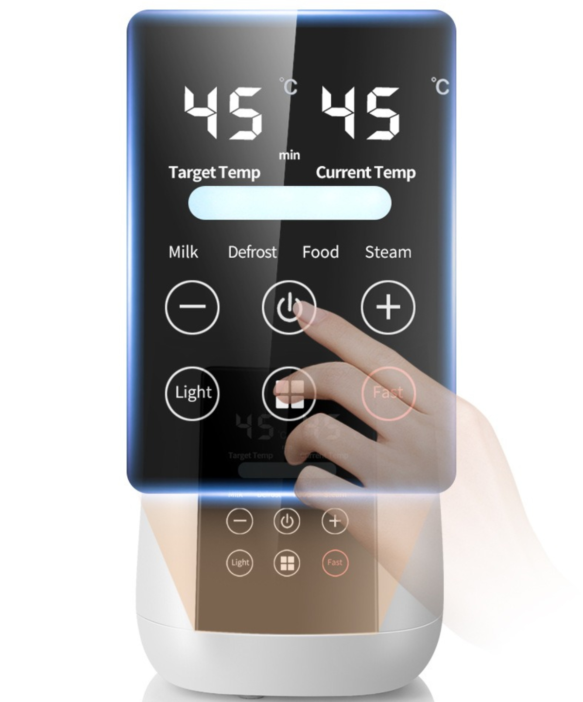 Weißer Babyflaschenwärmer mit Digitalanzeige, zeigt Einstellungen und eine Hand.