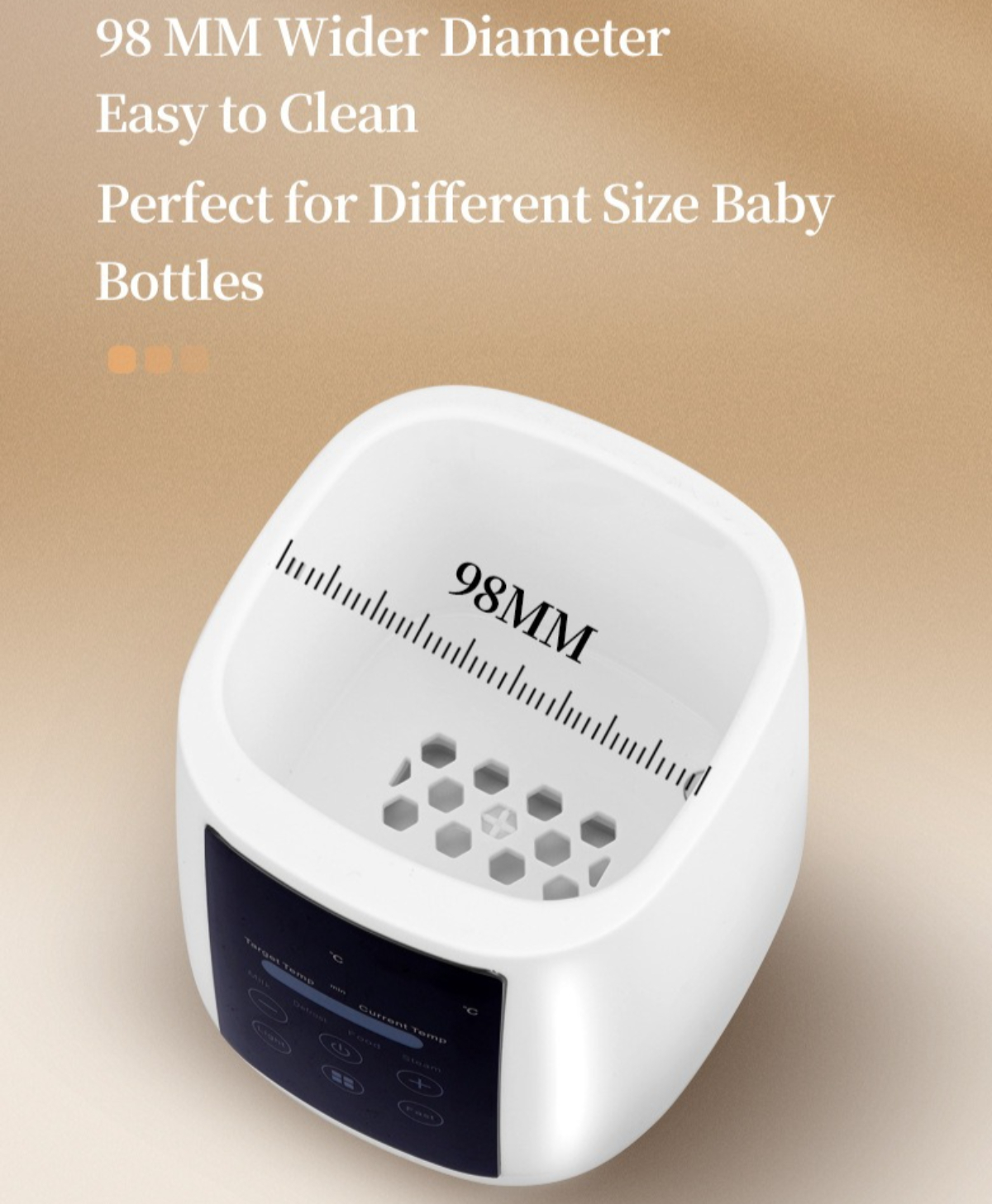 Ein weißer Babyflaschenwärmer mit dem Maß 98MM, mit einem Temperaturdisplay.
