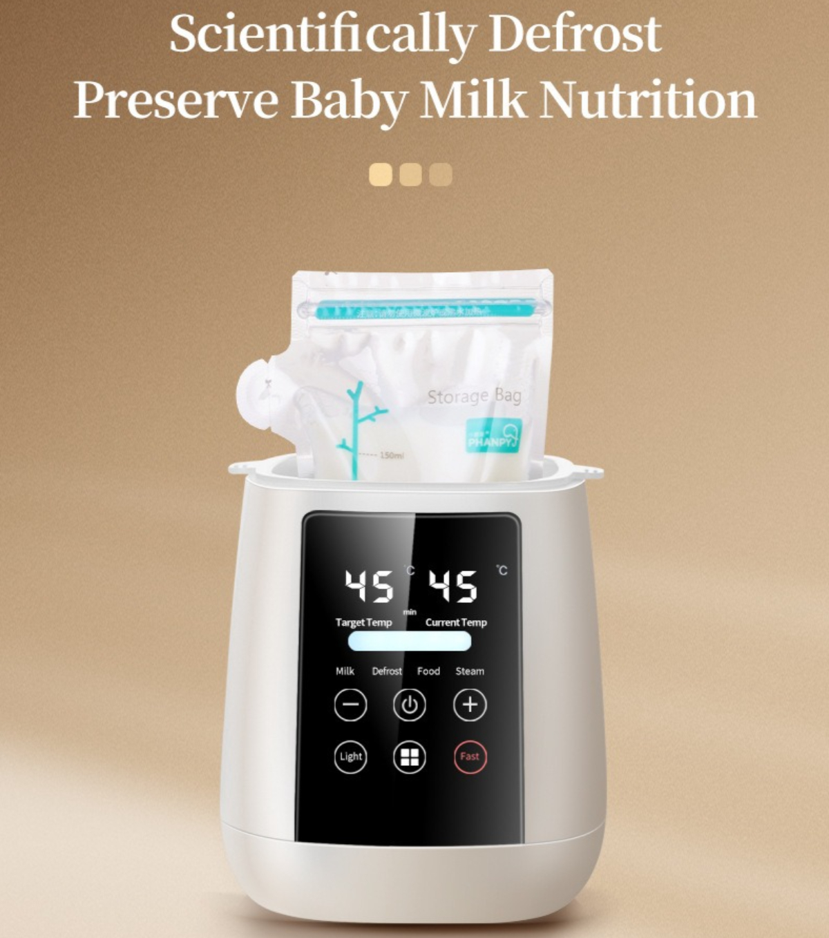 Babyflaschenwärmer mit Milchbeutel. Digitales Display und Knöpfe.