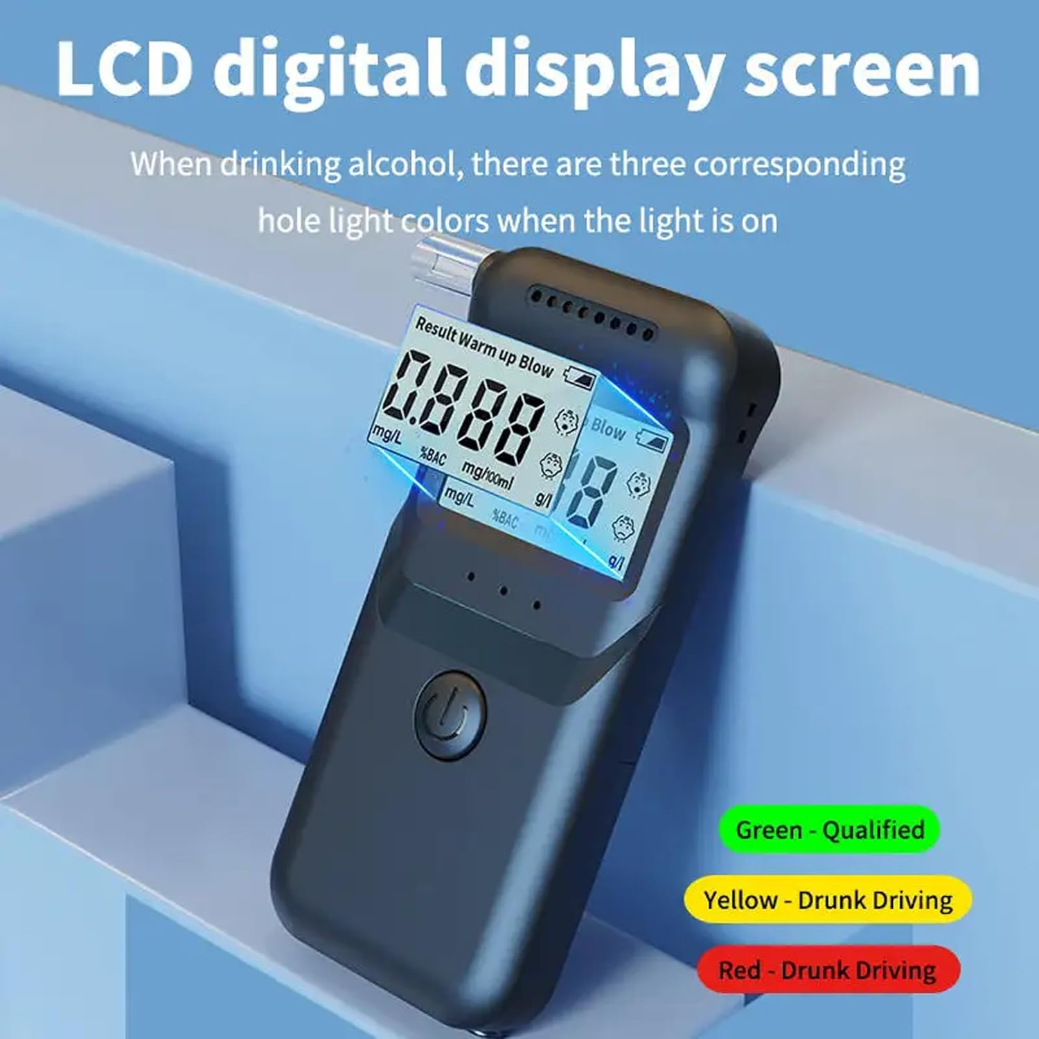 Alkoholtester mit digitalem Bildschirm. Grüne, gelbe und rote Lichter zeigen den Alkoholpegel an.