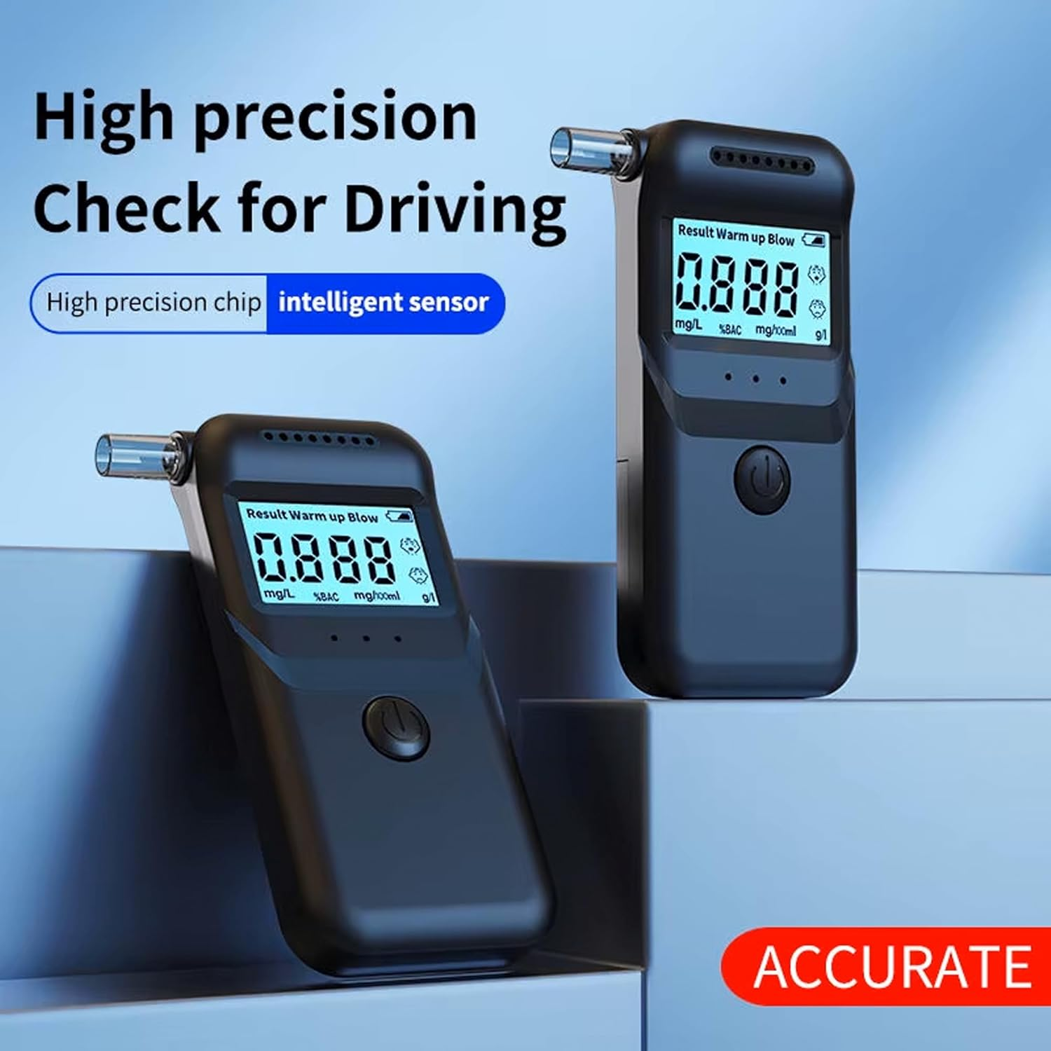 Schwarze Alkoholtester zeigen Ergebnisse auf einem Bildschirm. Text lautet: „Hochpräzisionskontrolle für das Fahren“.