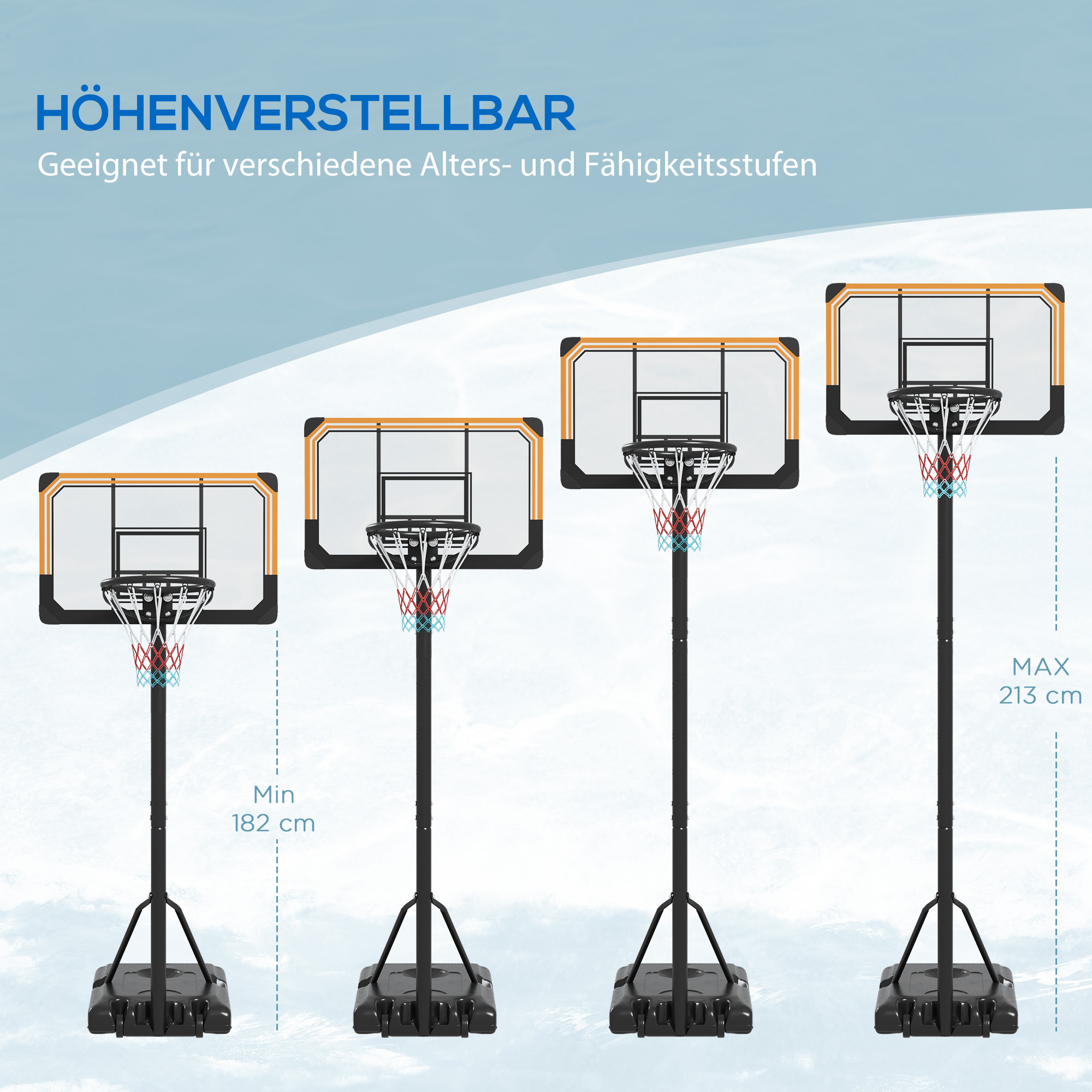 Vier Basketballkörbe in verschiedenen Höhen, mit schwarzem Sockel und blauem Himmel.