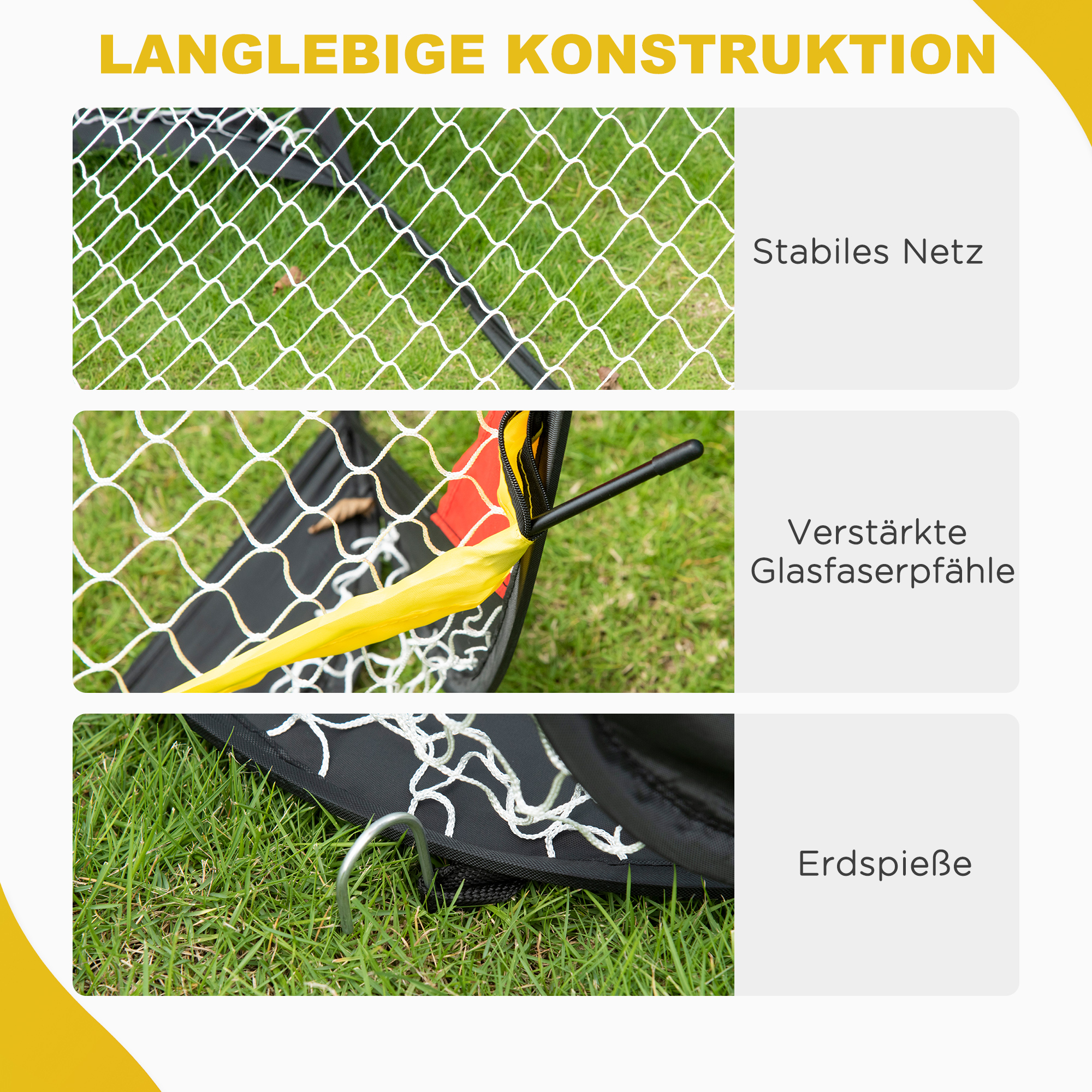 Bilder eines Tornetzes. Weißes Netz, gelbe und schwarze Teile sowie Metallpfähle.