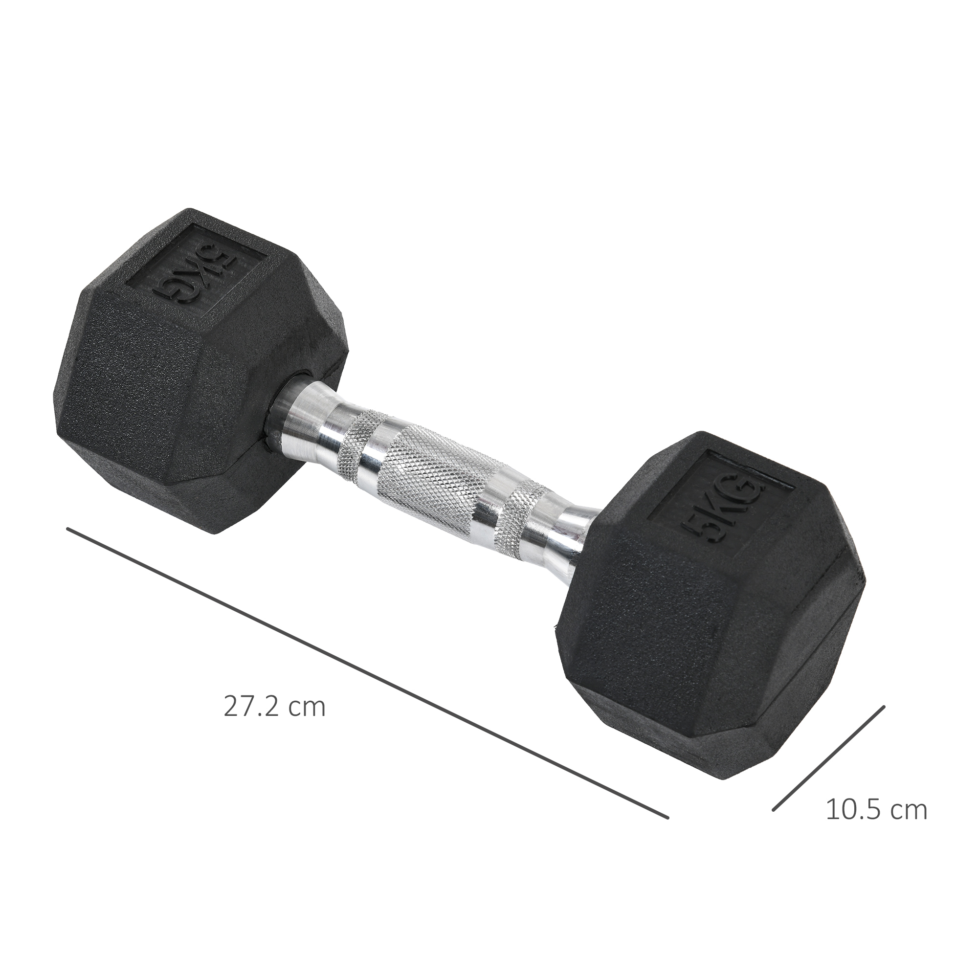 Eine schwarze Hantel, 5KG. Sie hat sechseckige Enden, einen silbernen Griff und ist 27,2 cm lang.