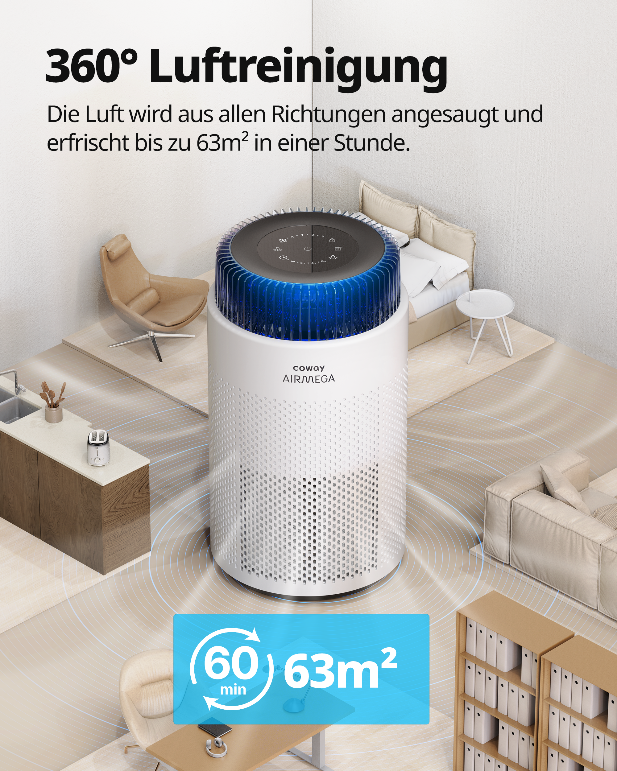 Weißer Luftreiniger mit blauem Deckel. Er steht in einem Raum mit Möbeln.