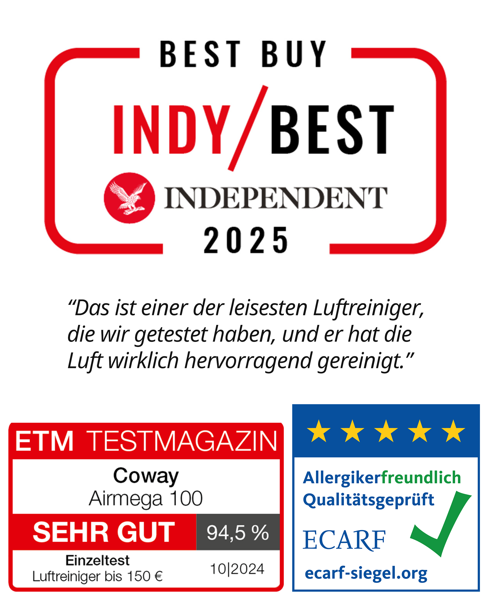 Auszeichnung für Luftreiniger. Enthält Text und Bewertungsabzeichen.