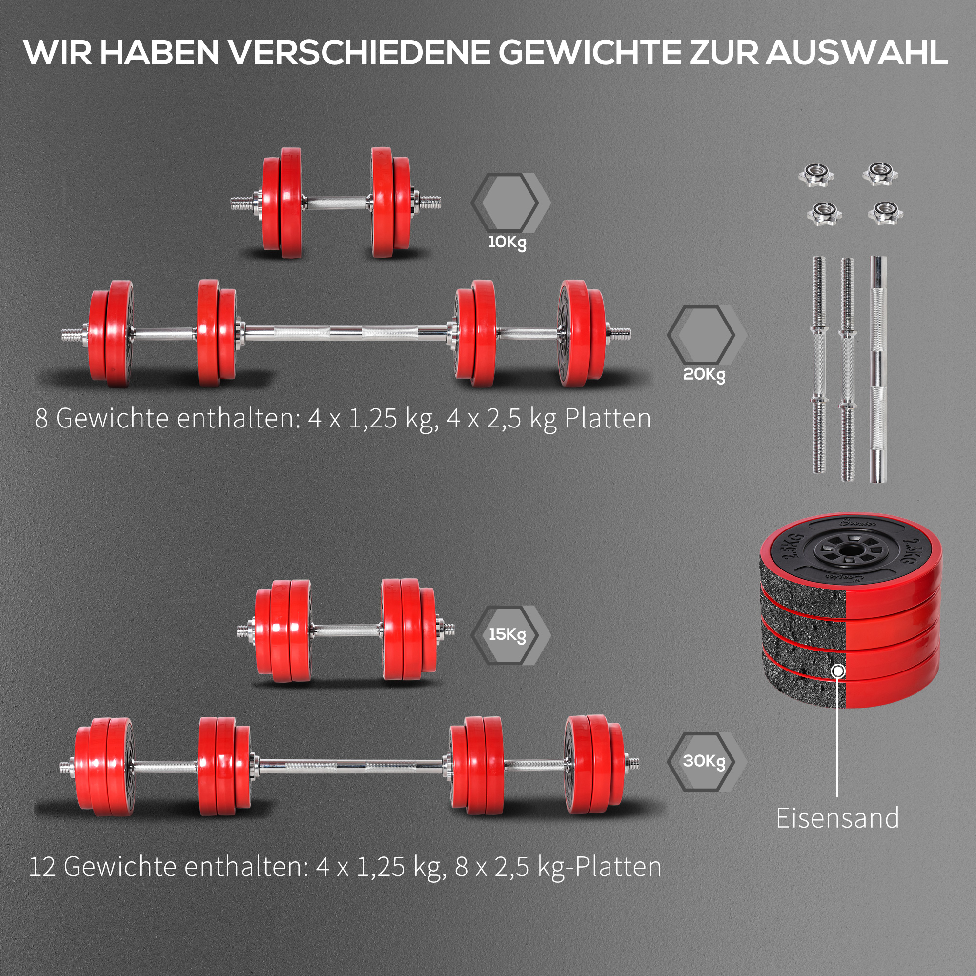 Verschiedene Hanteln und Platten. Text sagt 'Wir haben verschiedene Gewichte zur Auswahl' auf Deutsch.