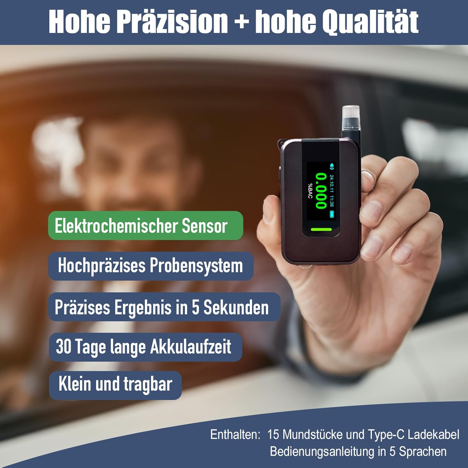 Alkoholtester mit Bildschirm, der 0,000 anzeigt, mit Text zu Funktionen und Informationen.