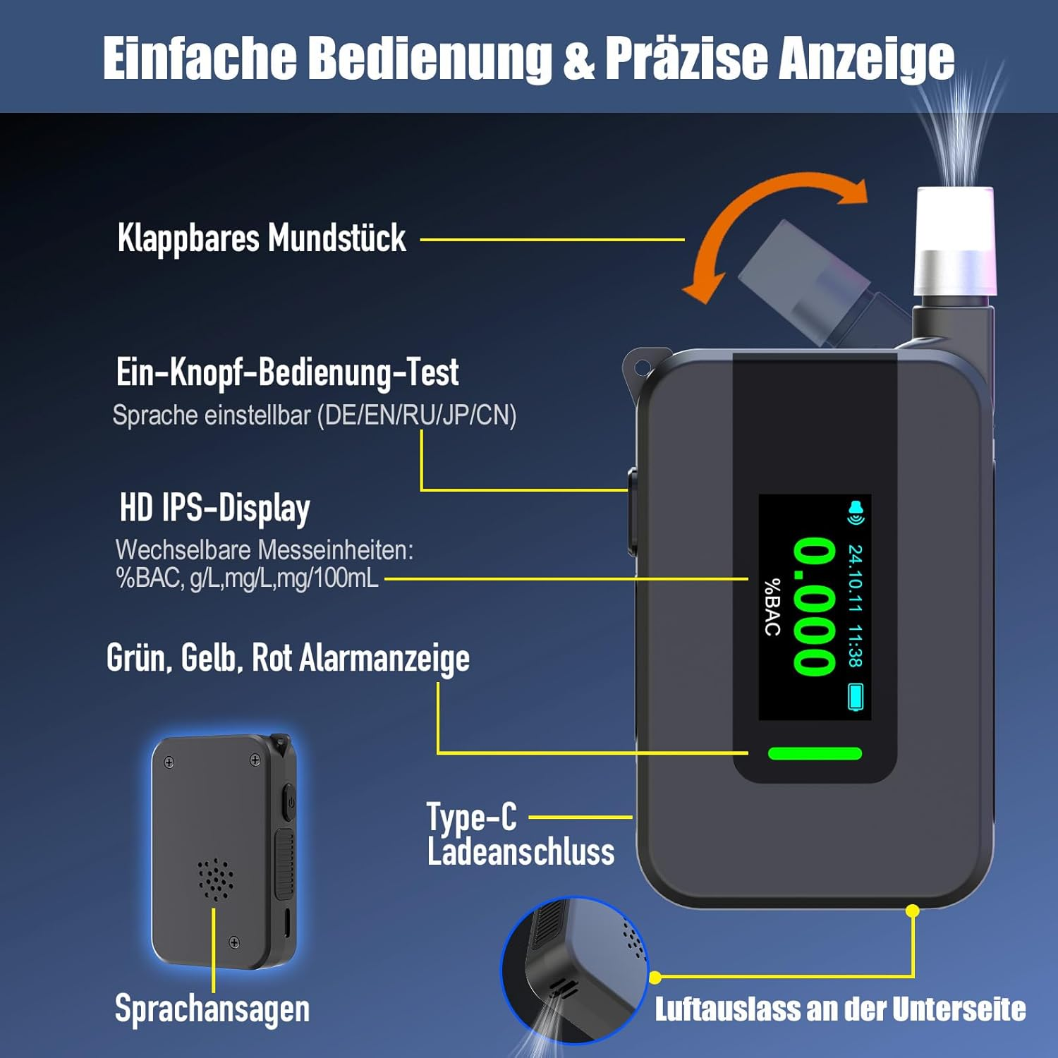 Nahaufnahme eines Alkoholtesters mit Display, beschrifteten Teilen und einem Typ-C-Ladeanschluss.