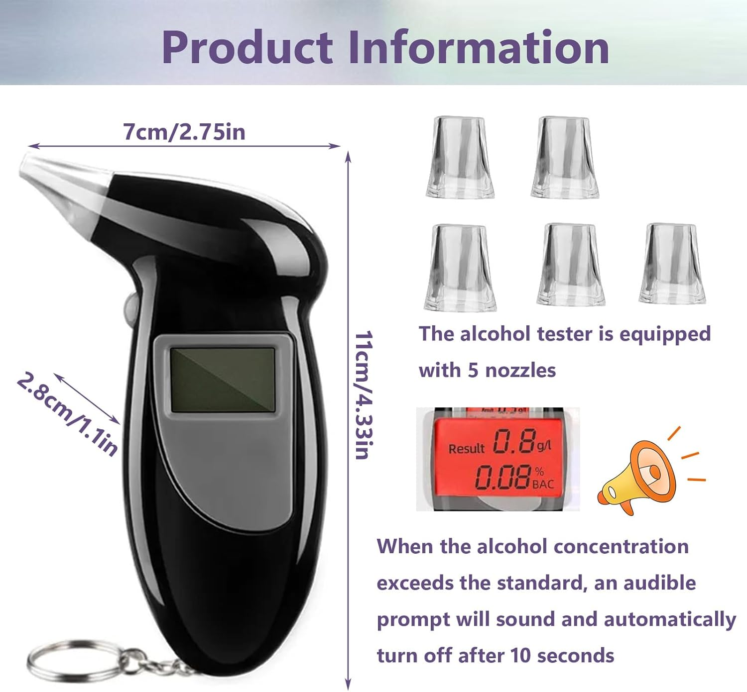 Ein Alkoholtester mit Abmessungen und einem Display mit 0,8 g/l und 0,08 % BAC.