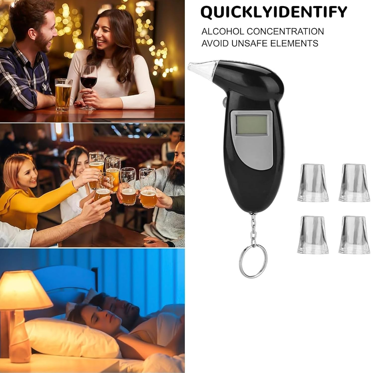 Ein Alkoholtester mit Bildern von trinkenden Personen und einer schlafenden Person. Text: Alkohol schnell erkennen.