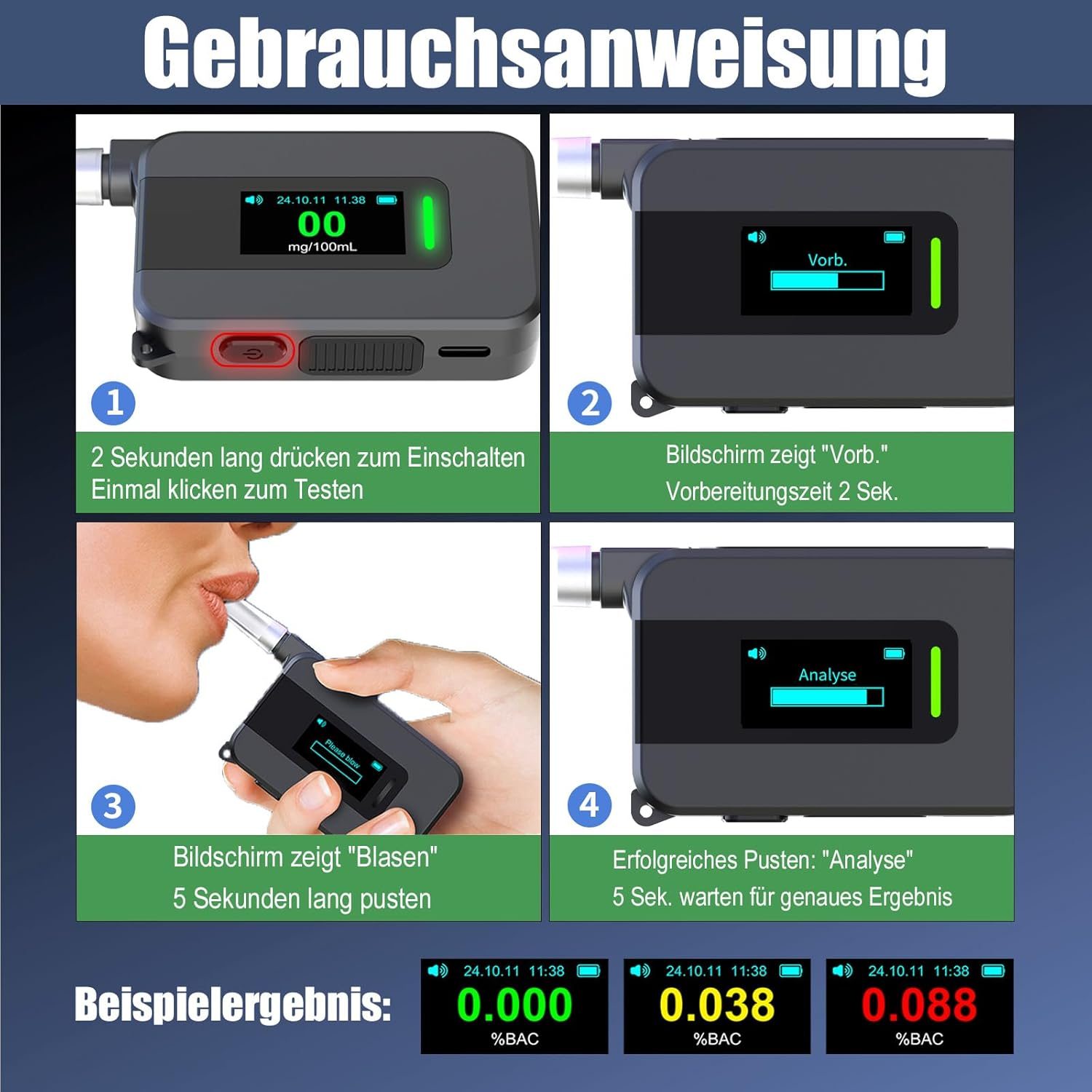 Anweisungen auf einem Gerät. Schritte und Ergebnisse werden angezeigt. Textüberlagerung auf dem Gerät.