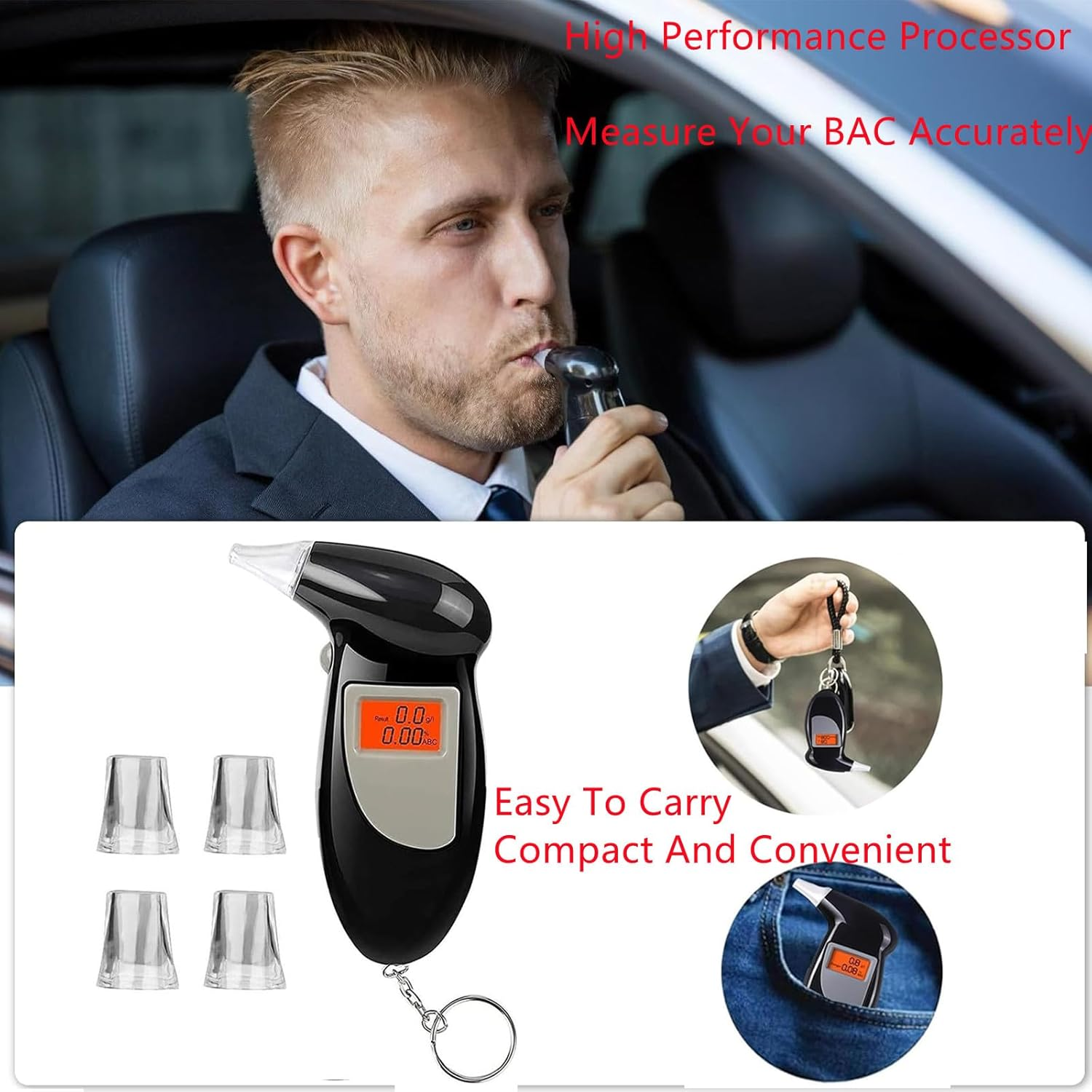 Ein Mann benutzt einen Alkoholtester im Auto mit Zubehör und einem Taschen-Display.