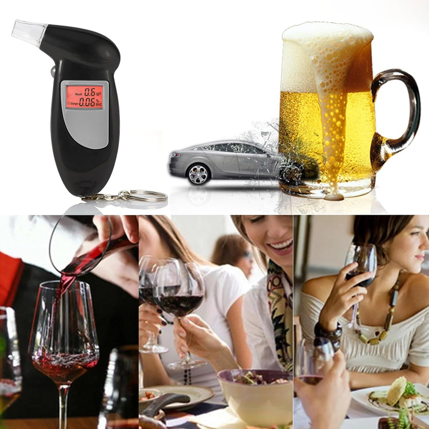Alkoholtester, Auto, Bier und Leute, die Wein trinken.