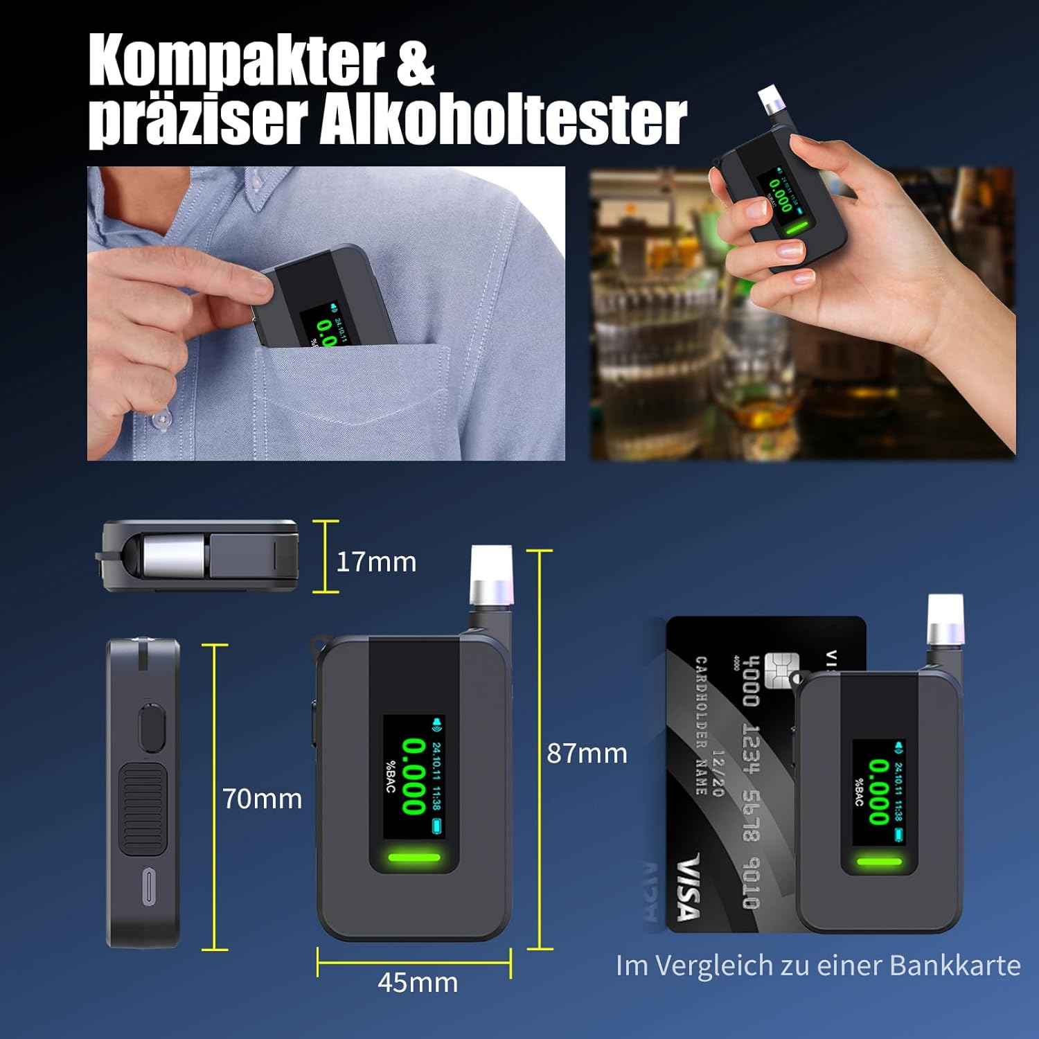 Alkoholtester neben einer Kreditkarte. Abmessungen werden angezeigt, mit Platzierung in der Tasche.