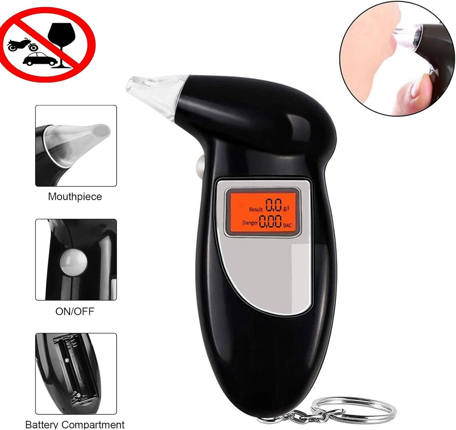 Schwarzer Alkoholtester mit Anzeige 0,00 BAC. Verschiedene Ansichten und Details gezeigt.