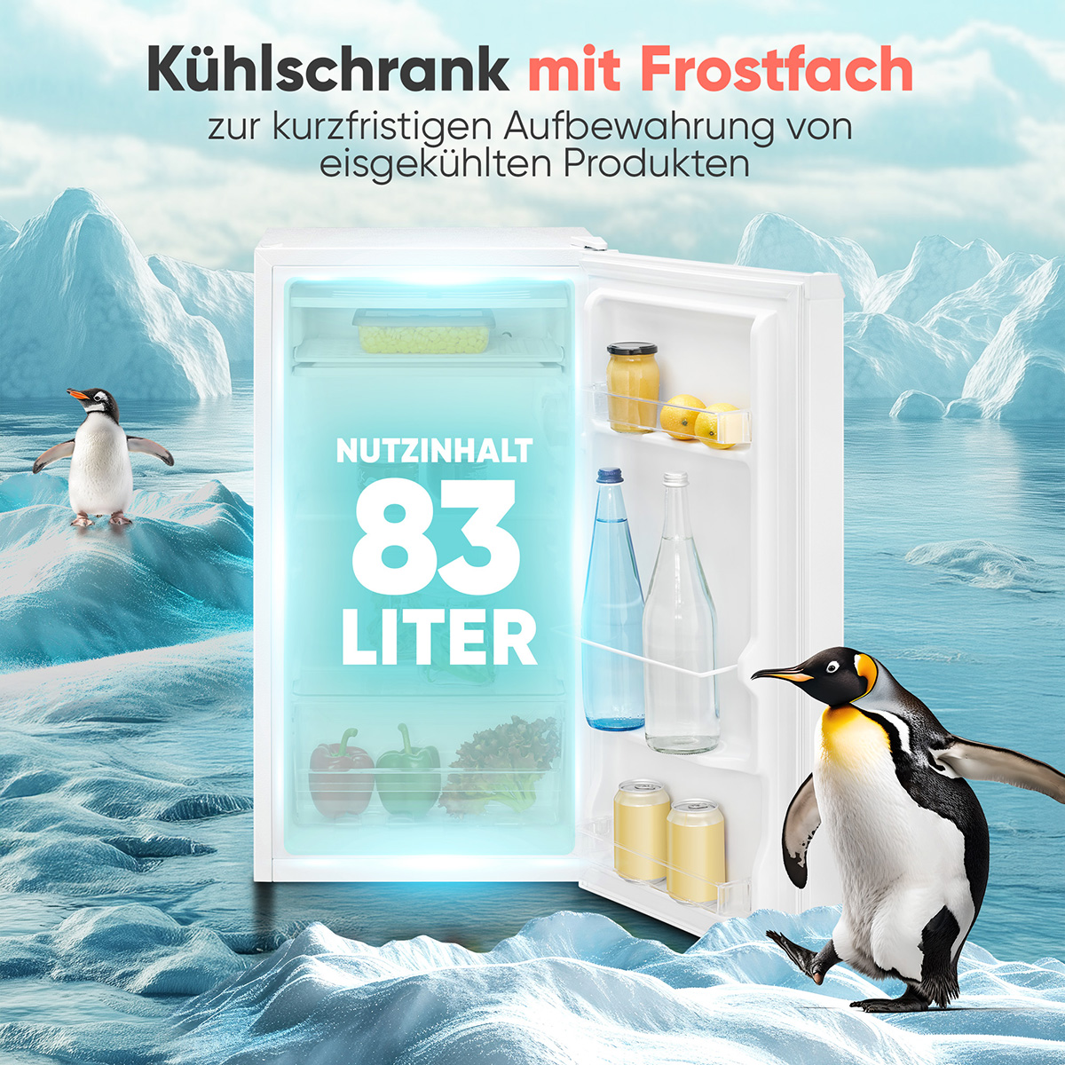 Minikühlschrank mit Pinguinen und Eis, Text zum Kaltstellen von Lebensmitteln.