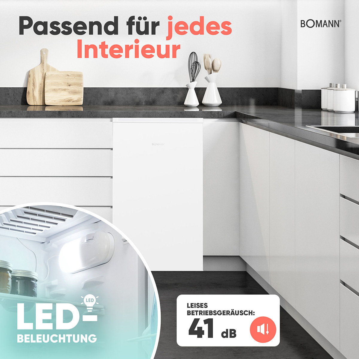 Ein weißer Kühlschrank in einem Kücheninterieur, mit LED-Licht und Text über Geräusche.