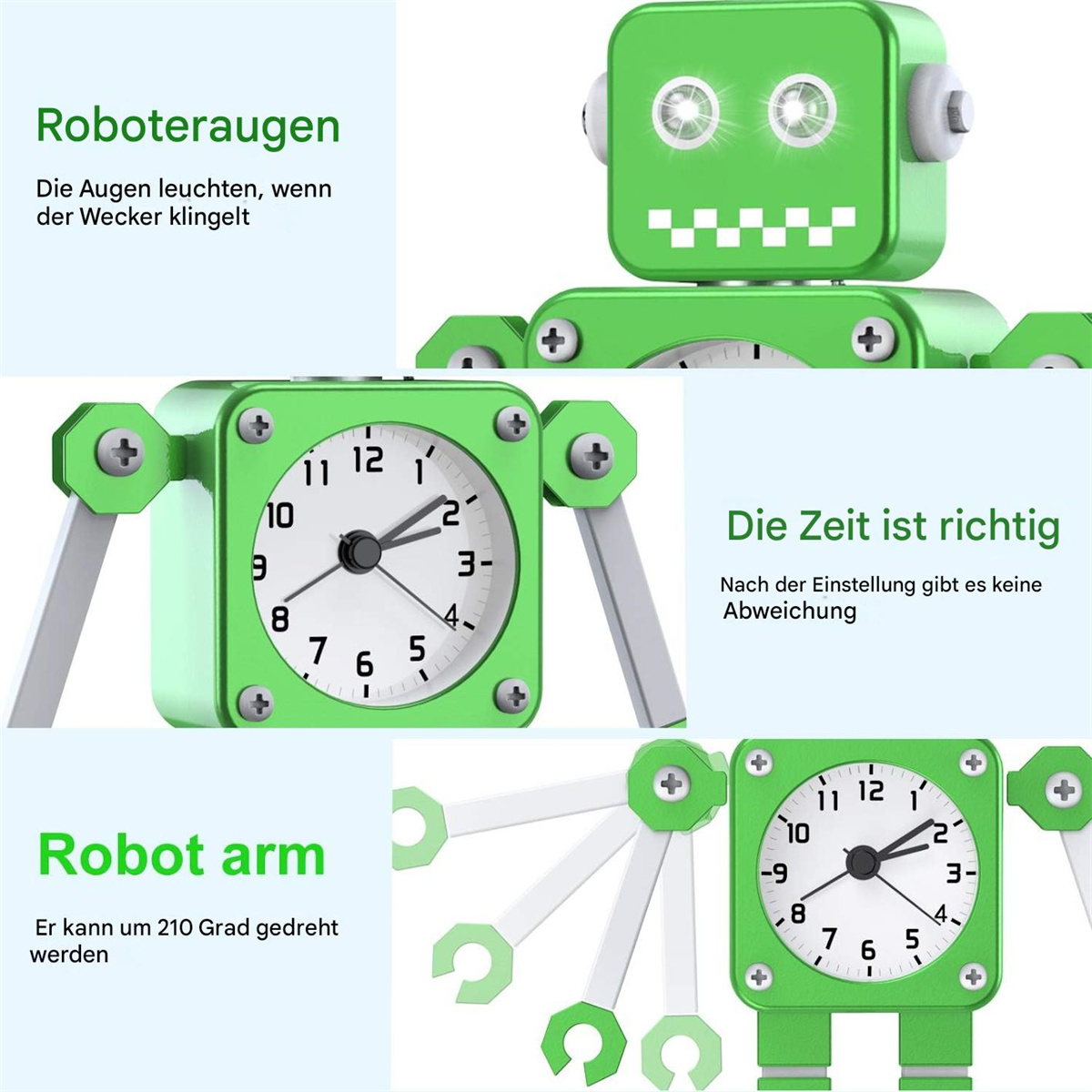Eine grüne Roboteruhr zeigt die Zeit und hat Roboterarme. Text: 'Die Zeit ist richtig' und 'Robot arm'.