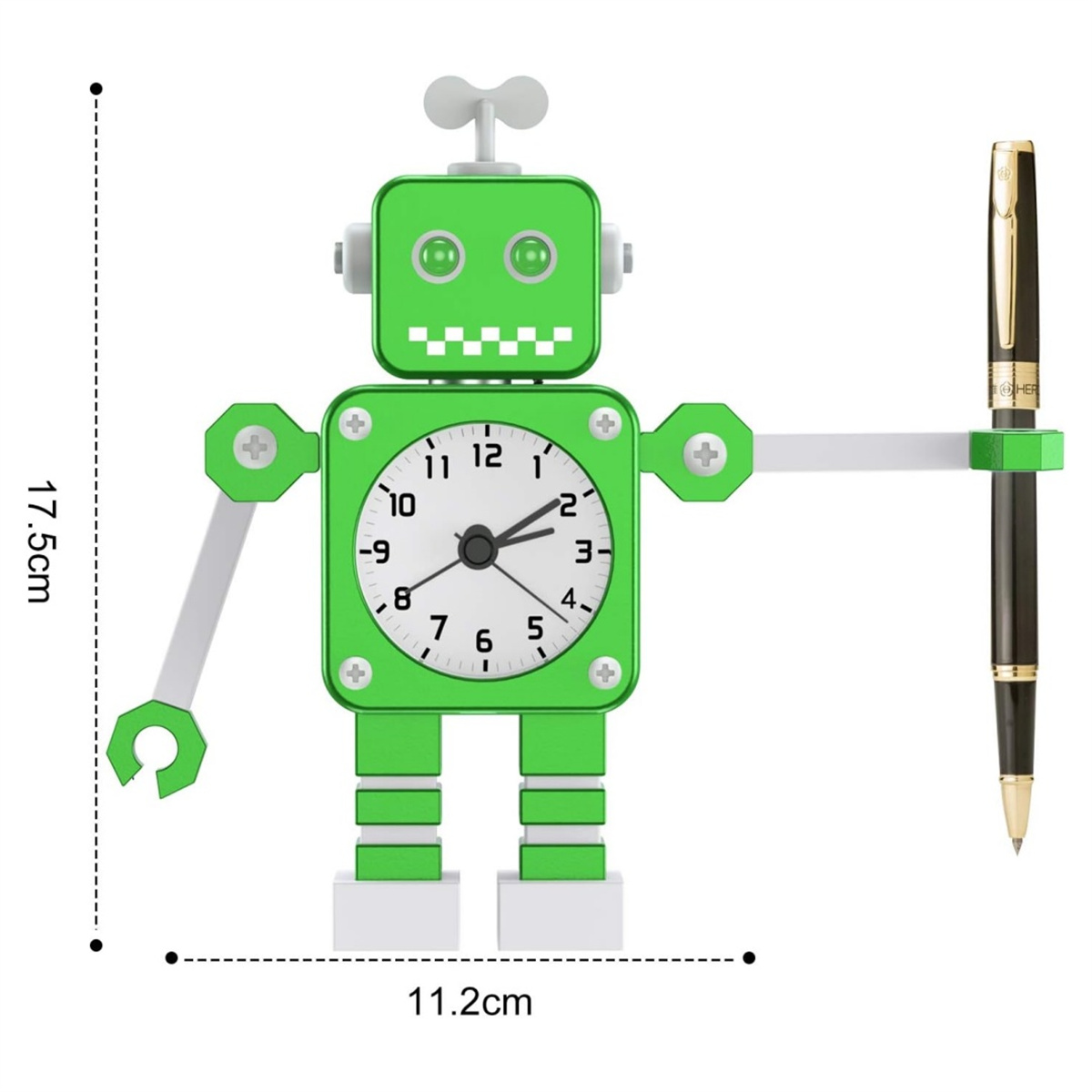 Eine grüne Roboteruhr und ein Stift. Die Uhr ist grün und hat ein Zifferblatt.