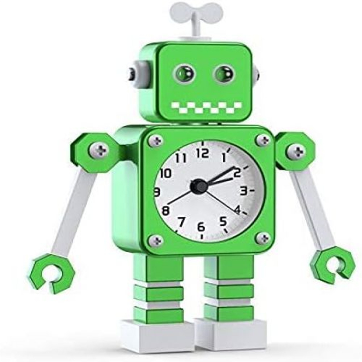 Eine grüne Roboteruhr mit weißem Zifferblatt, Armen, Beinen und einem Aufziehschlüssel auf weißer Oberfläche.