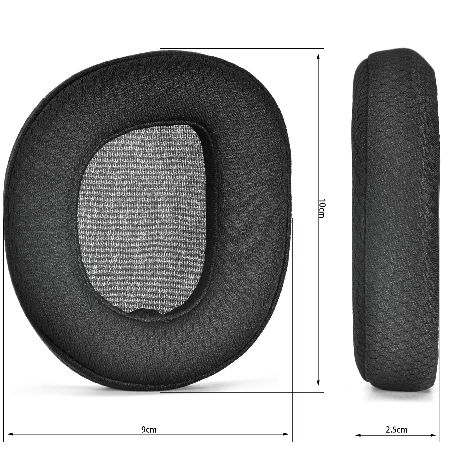 Due cuscinetti auricolari neri per cuffie affiancati, che mostrano le dimensioni.