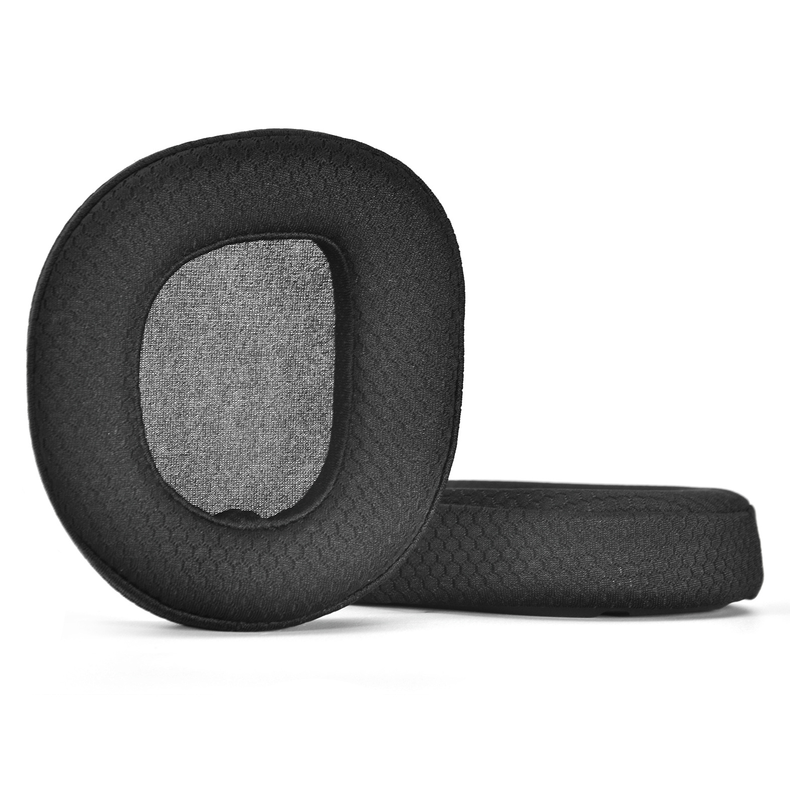Due cuscinetti auricolari neri. Struttura a nido d'ape, materiale morbido.